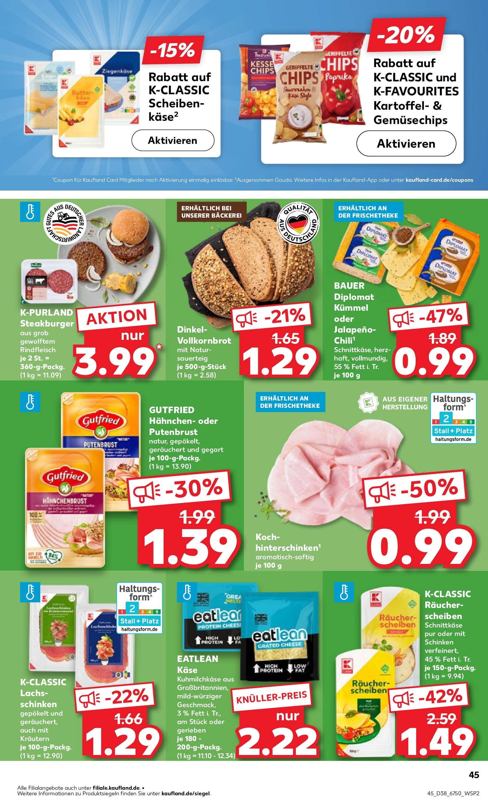 Prospekt Kaufland ab 18.09.2025 » Angebote Online zum Blättern | Seite: 45 | Produkte: Ziegenkäse, Vollkornbrot, Burger, Steak