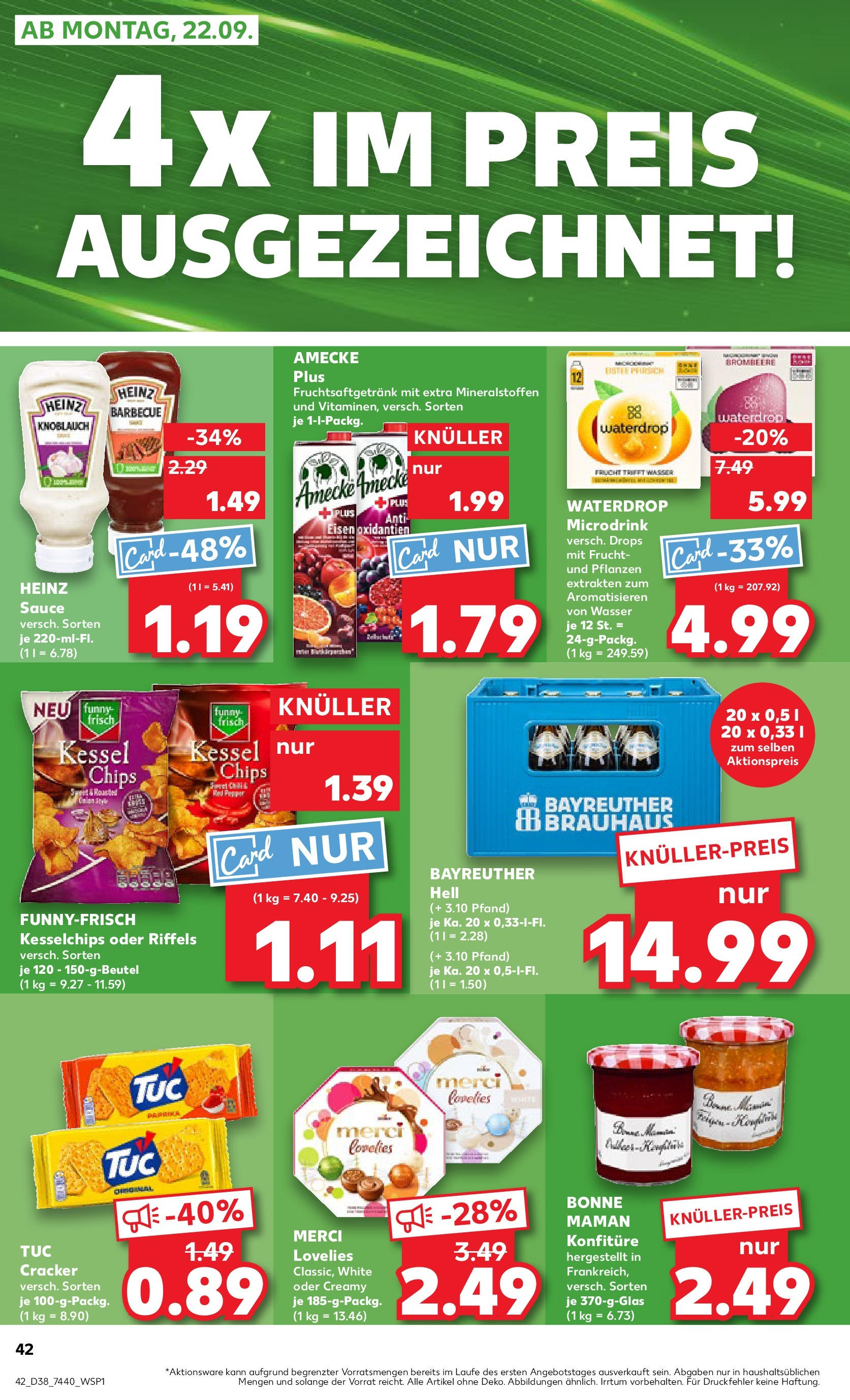 Prospekt Kaufland ab 17.09.2025 » Angebote Online zum Blättern | Seite: 42 | Produkte: Bayreuther hell, Knoblauch, Chips, Bonne maman