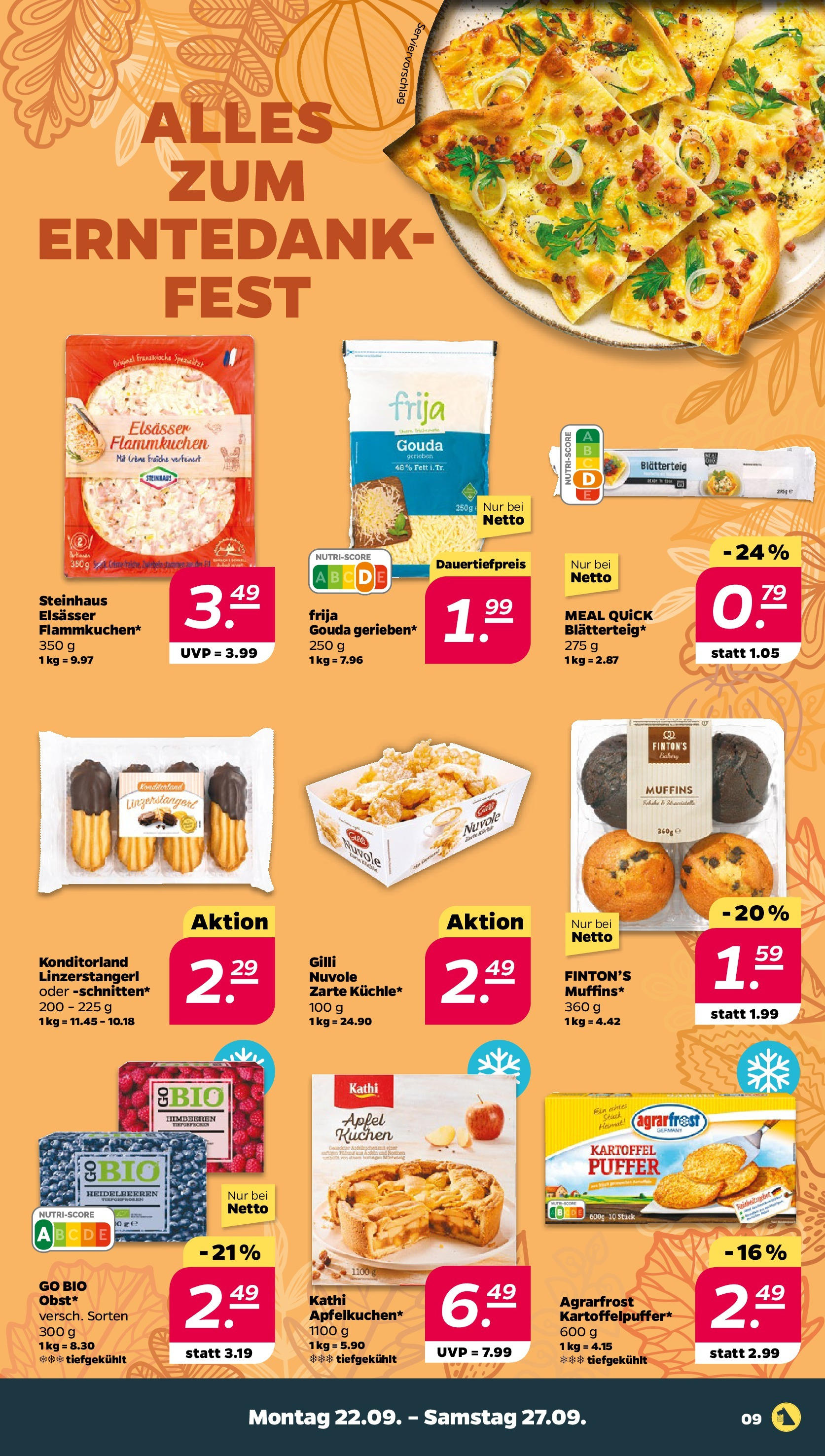 Netto - Netto APS : Wochenangebote ab 21.09.2025 → Angebote nächste Woche | Seite: 9 | Produkte: Gouda, Äpfel, Heidelbeeren, Kuchen