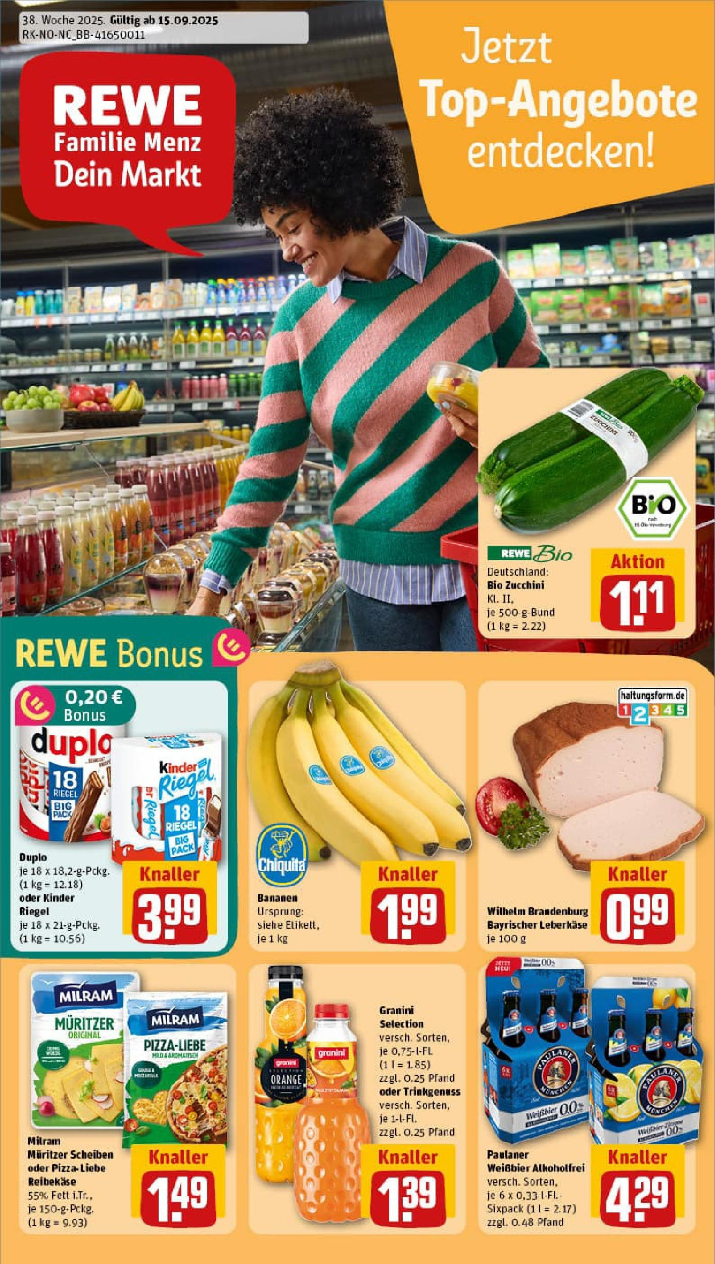 REWE Prospekt ab 14.09.2025 zum Blättern » Angebote | Seite: 1 | Produkte: Milram, Granini, Pizza, Reibekase