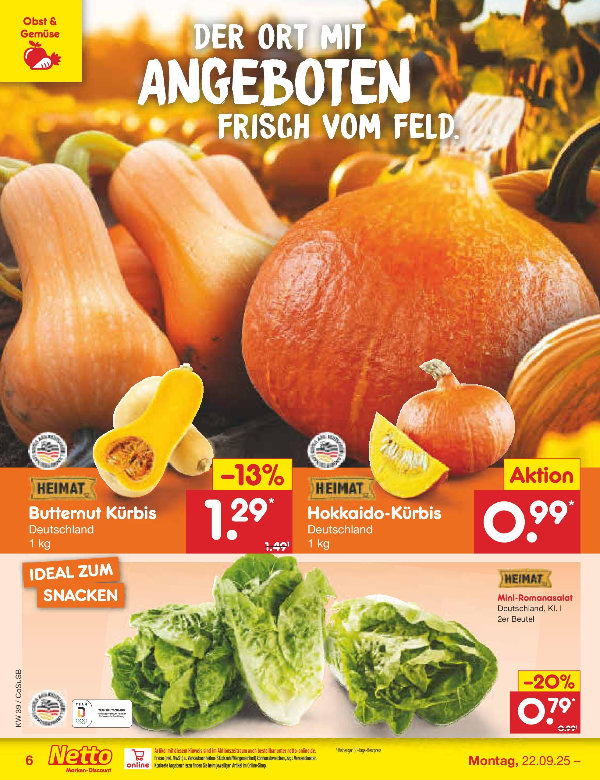 Netto Marken-Discount prospekt Bitterfeld-Wolfen	 (ab 21.09.2025) » Angebote | Seite: 6 | Produkte: Gemüse, Obst, Kürbis
