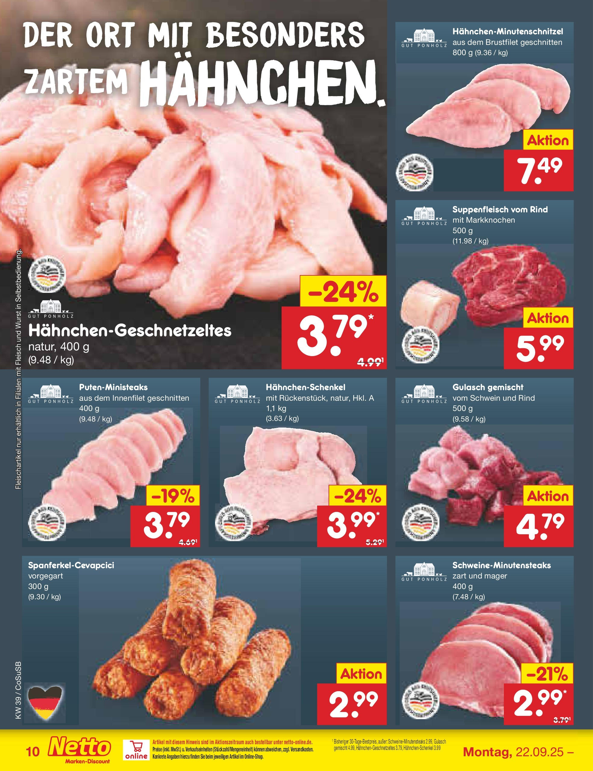 Netto Marken-Discount prospekt Bitterfeld-Wolfen	 (ab 21.09.2025) » Angebote | Seite: 10 | Produkte: Hahnchen, Gulasch, Suppenfleisch, Wurst