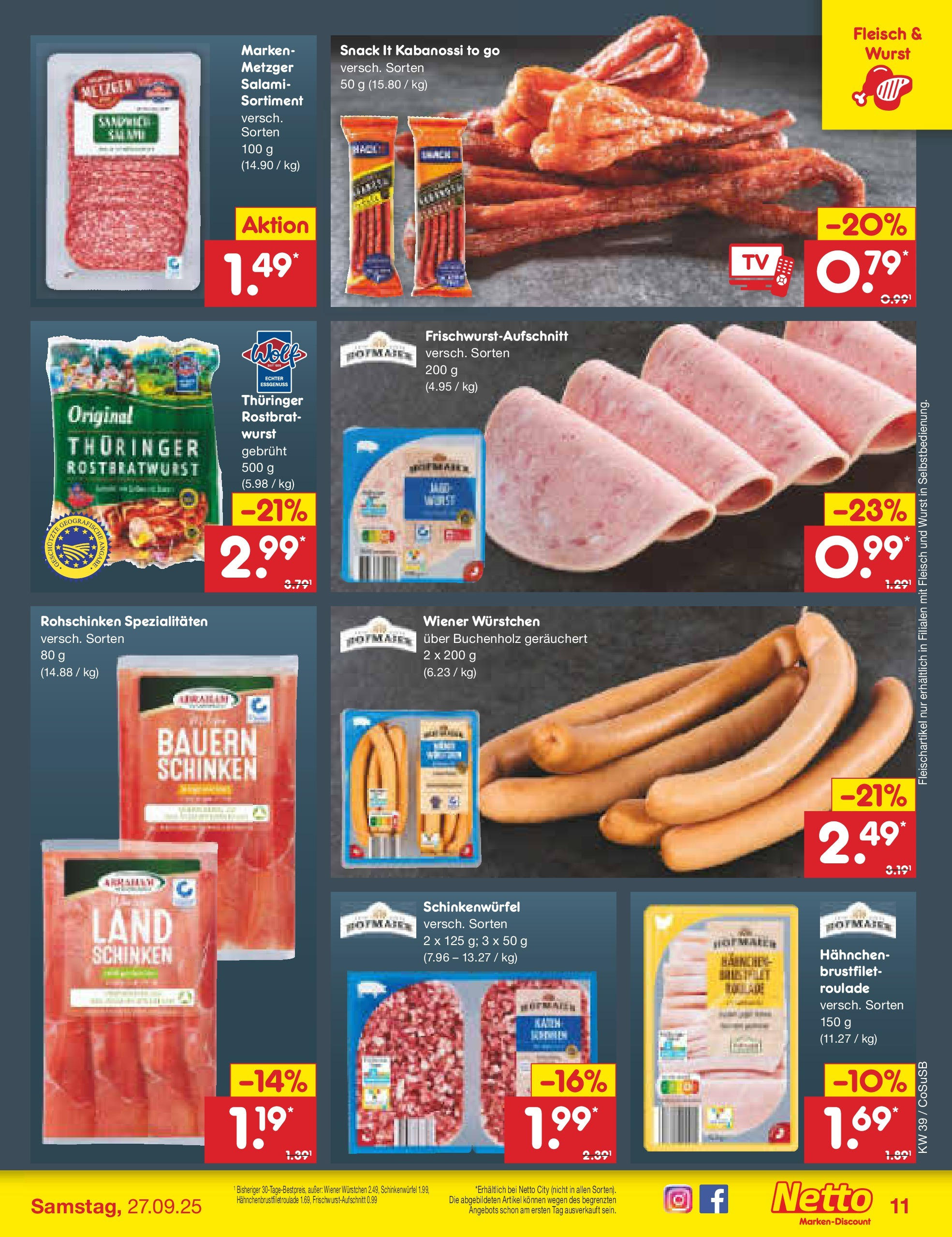 Netto Marken-Discount prospekt Bitterfeld-Wolfen	 (ab 21.09.2025) » Angebote | Seite: 11 | Produkte: Wiener wurstchen, Salami, Schinken, Fleisch