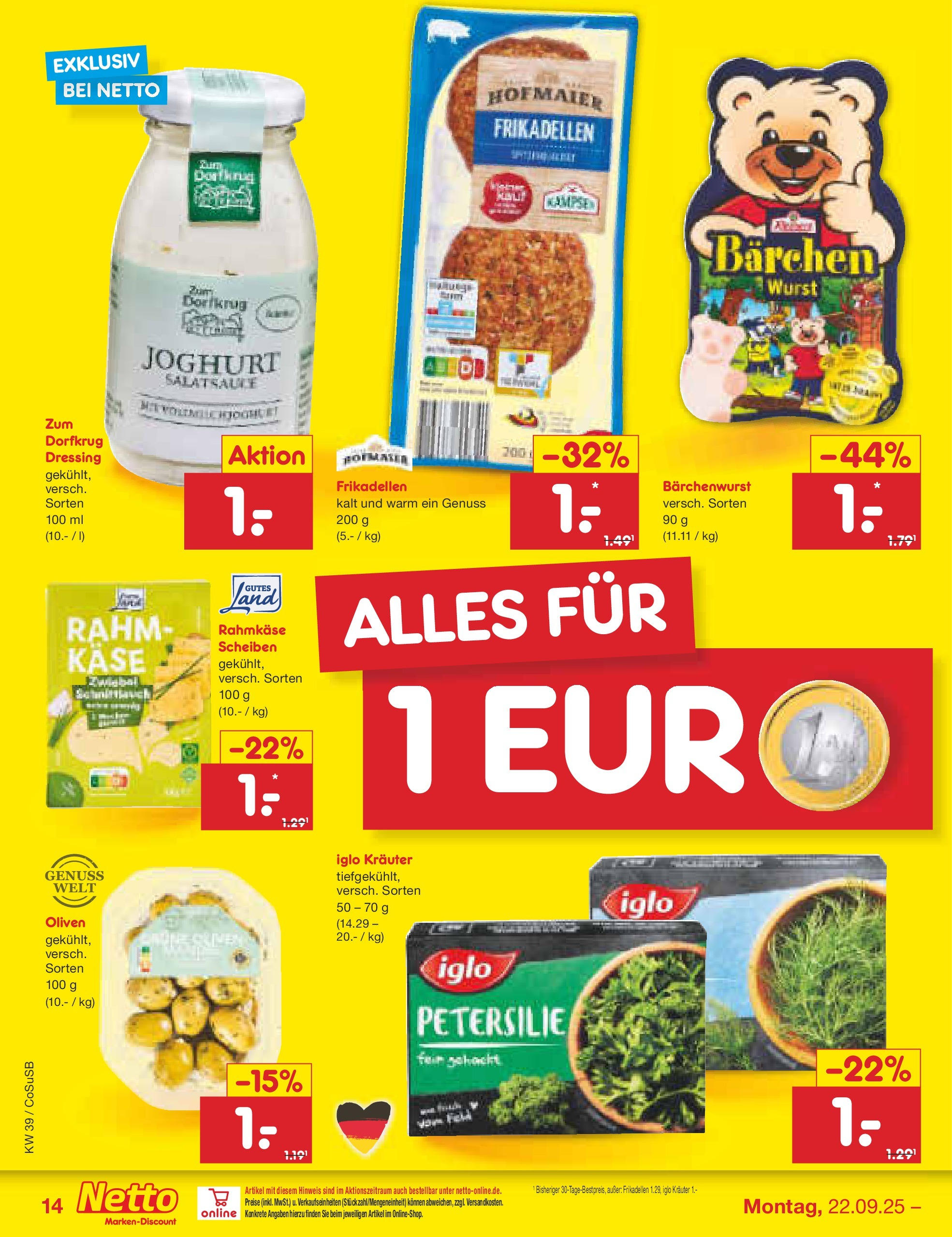 Netto Marken-Discount prospekt Bitterfeld-Wolfen	 (ab 21.09.2025) » Angebote | Seite: 14 | Produkte: Käse, Iglo, Wurst, Petersilie