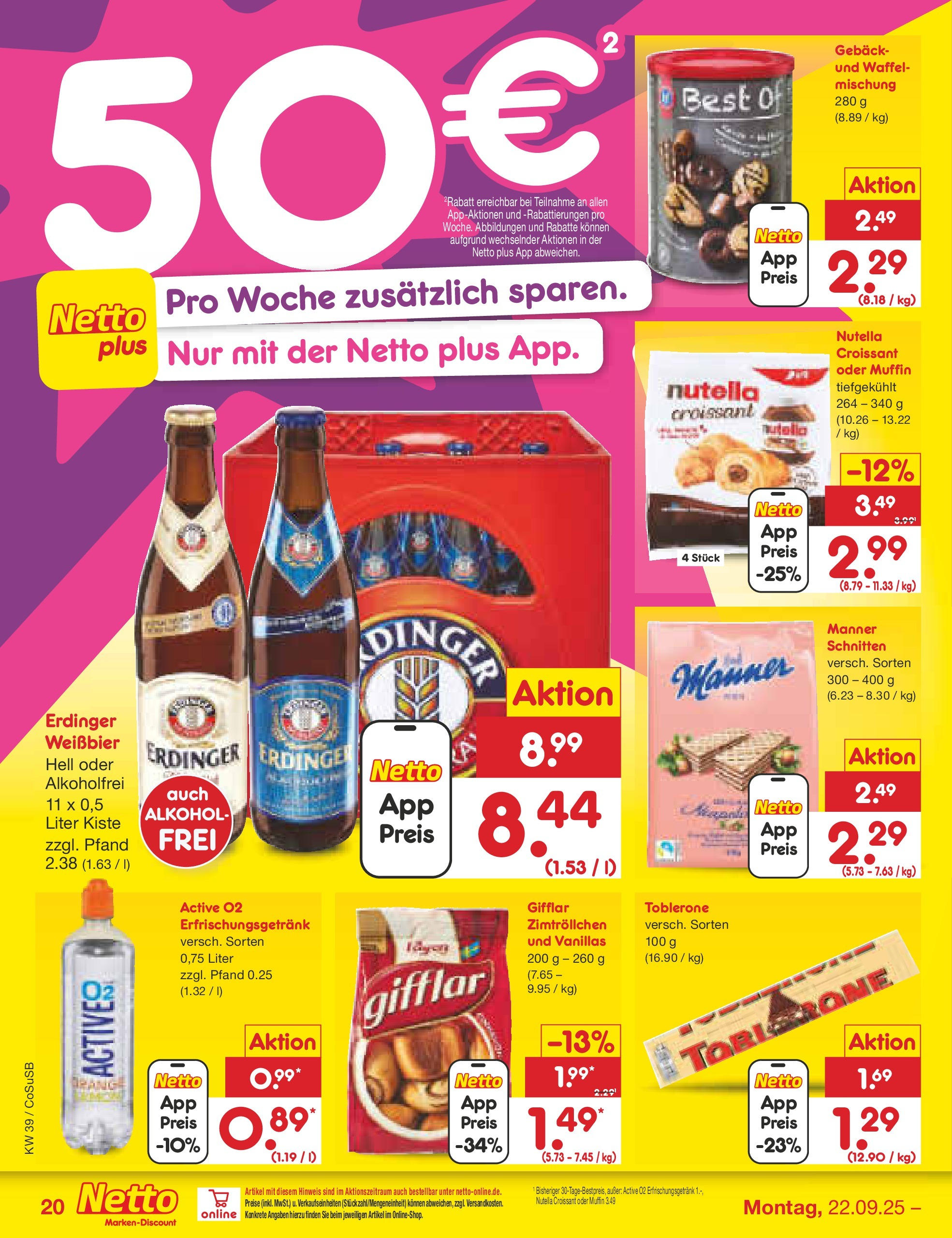 Netto Marken-Discount prospekt Bitterfeld-Wolfen	 (ab 21.09.2025) » Angebote | Seite: 20 | Produkte: Erdinger, Weißbier, Croissant, Nutella