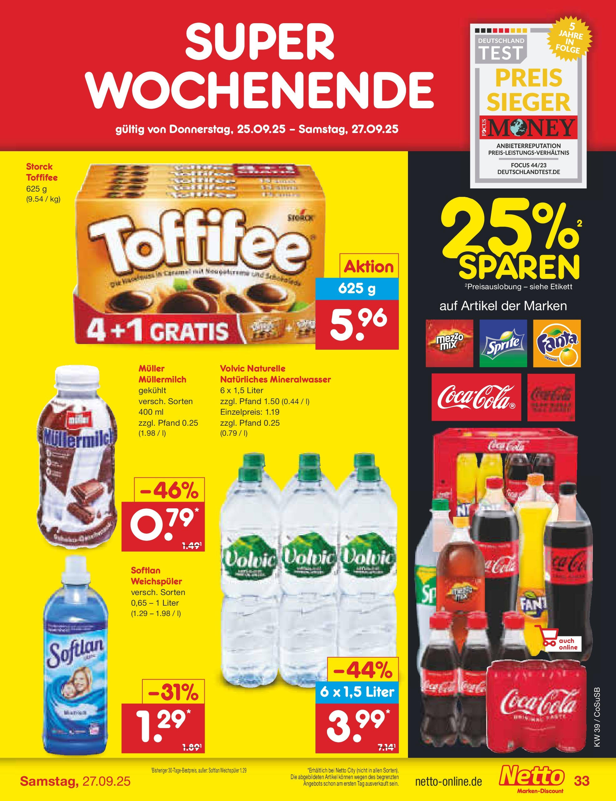 Netto Marken-Discount prospekt Bitterfeld-Wolfen	 (ab 21.09.2025) » Angebote | Seite: 33 | Produkte: Sprite, Weichspüler, Toffifee, Müllermilch