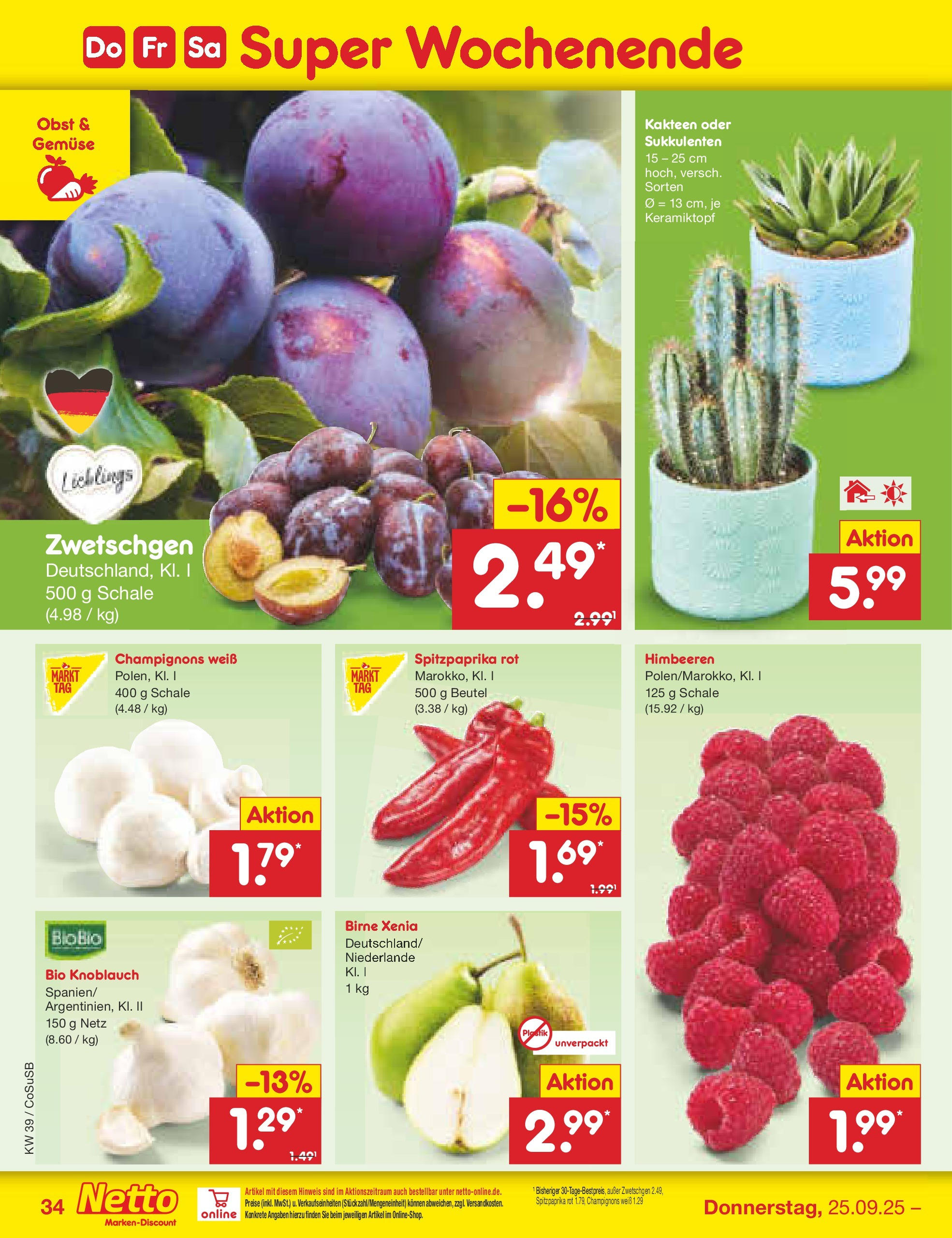 Netto Marken-Discount prospekt Bitterfeld-Wolfen	 (ab 21.09.2025) » Angebote | Seite: 34 | Produkte: Himbeeren, Champignons, Gemüse, Obst
