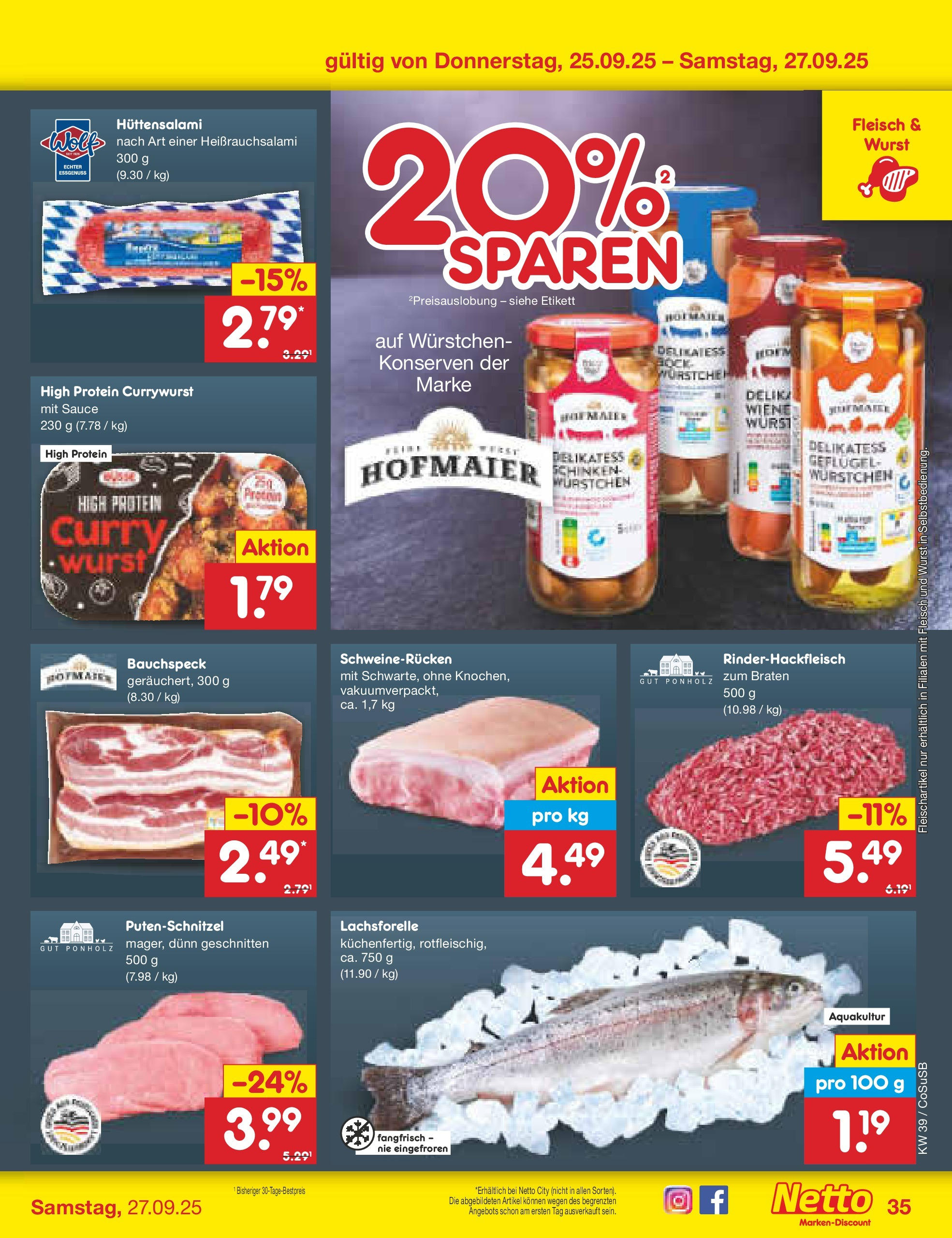 Netto Marken-Discount prospekt Bitterfeld-Wolfen	 (ab 21.09.2025) » Angebote | Seite: 35 | Produkte: Putenschnitzel, Wurst, Schinken, Fleisch