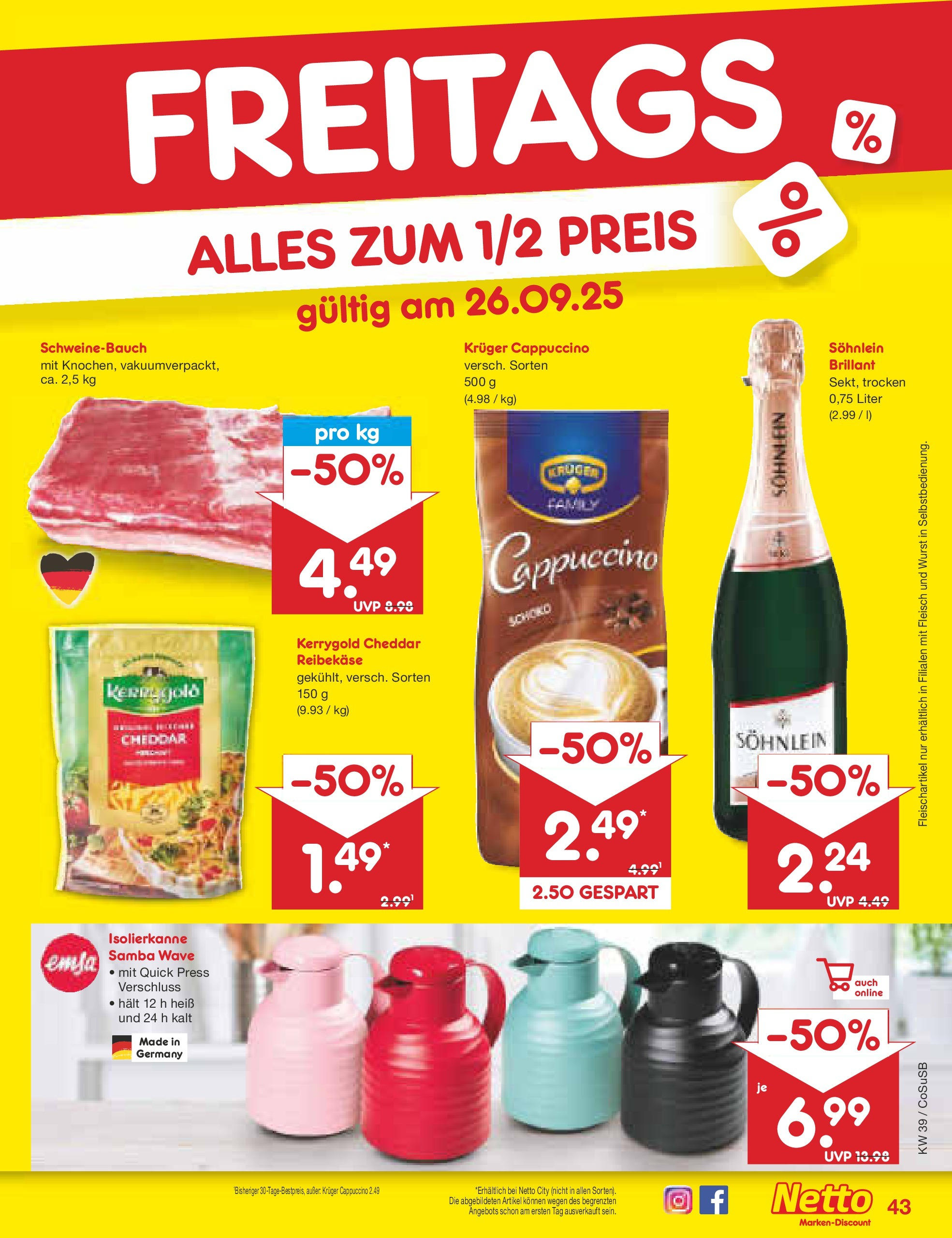 Netto Marken-Discount prospekt Bitterfeld-Wolfen	 (ab 21.09.2025) » Angebote | Seite: 43 | Produkte: Schweinebauch, Wurst, Reibekase, Fleisch
