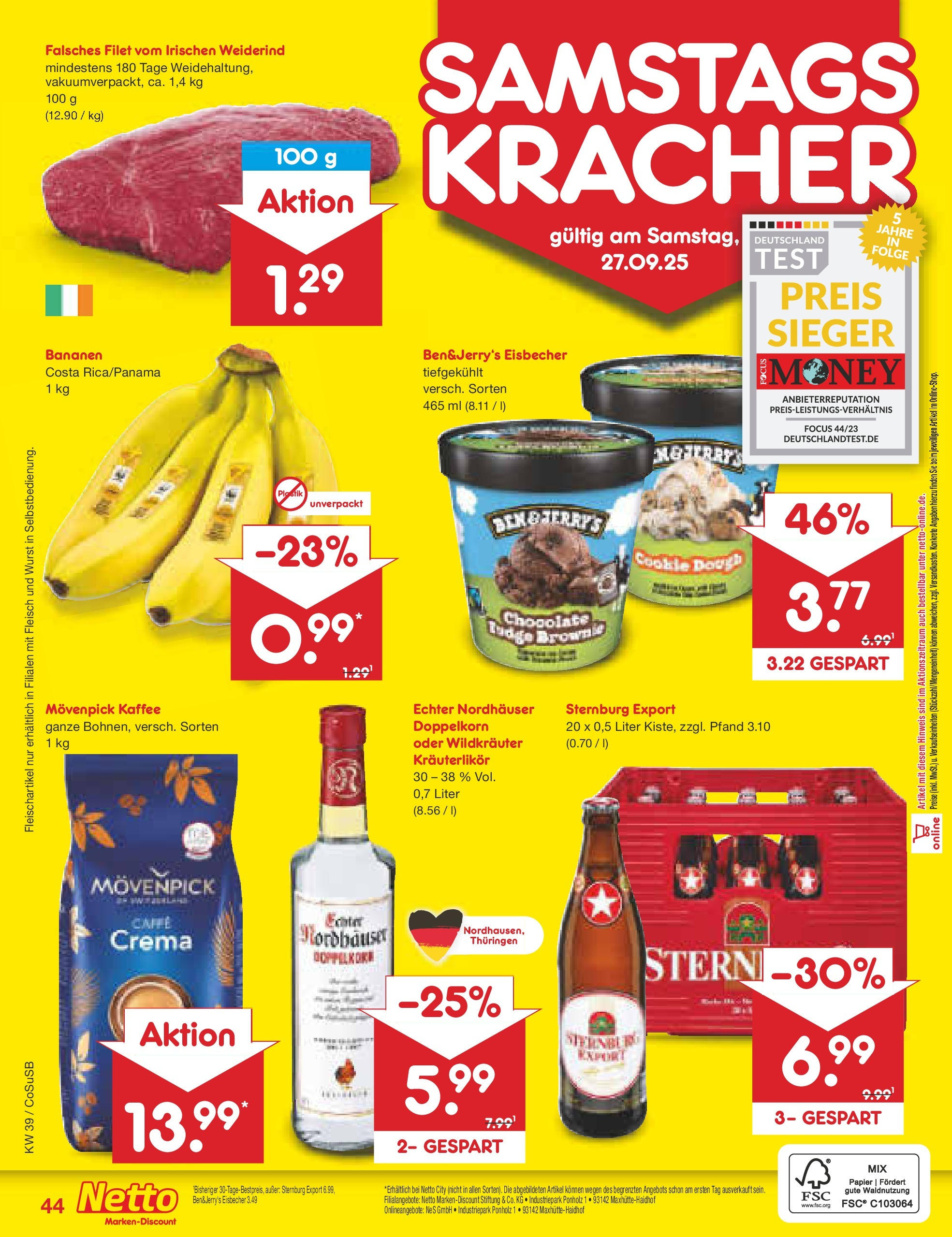 Netto Marken-Discount prospekt Bitterfeld-Wolfen	 (ab 21.09.2025) » Angebote | Seite: 44 | Produkte: Bananen, Wurst, Movenpick kaffee, Fleisch