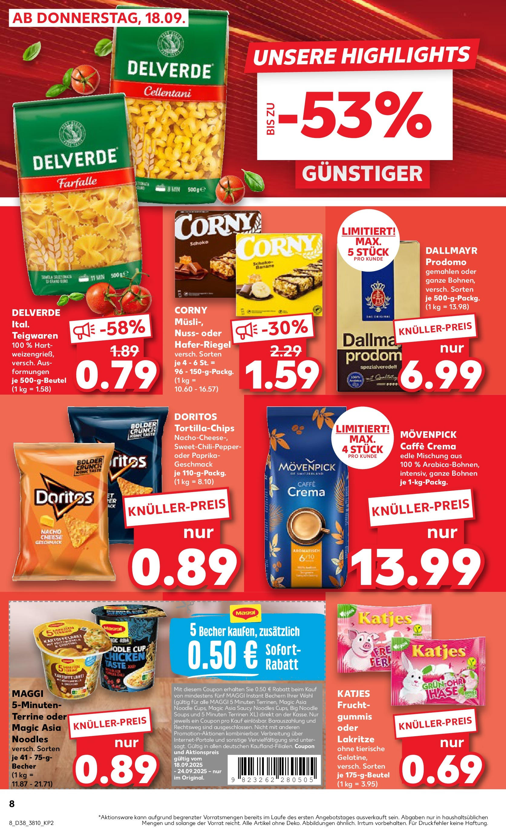 Prospekt Kaufland ab 18.09.2025 » Angebote Online zum Blättern | Seite: 8 | Produkte: Musli, Katjes, Pasta, Dallmayr prodomo