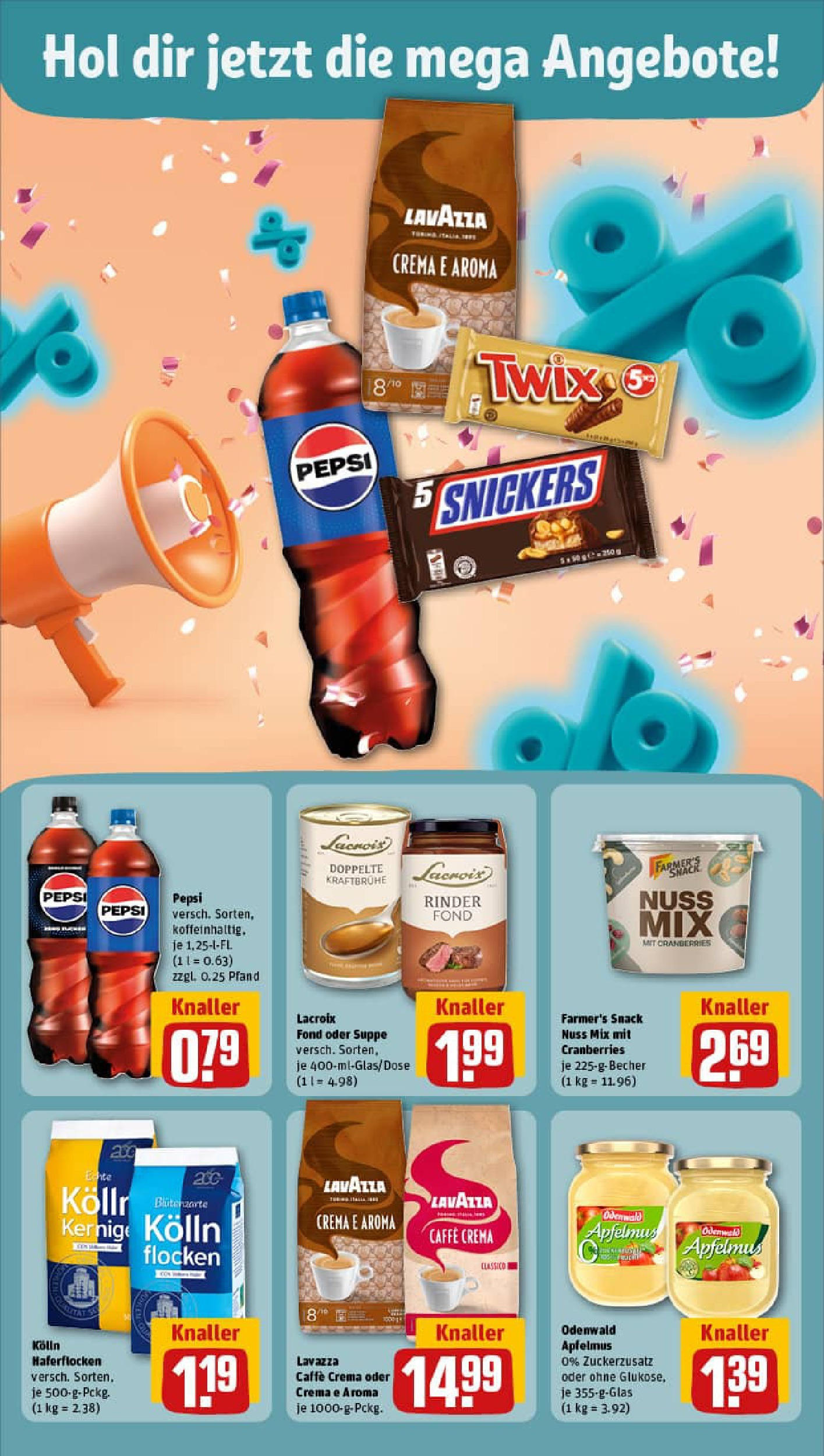 REWE Prospekt ab 21.09.2025 zum Blättern » Angebote | Seite: 6 | Produkte: Lavazza, Snickers, Pepsi, Flocken