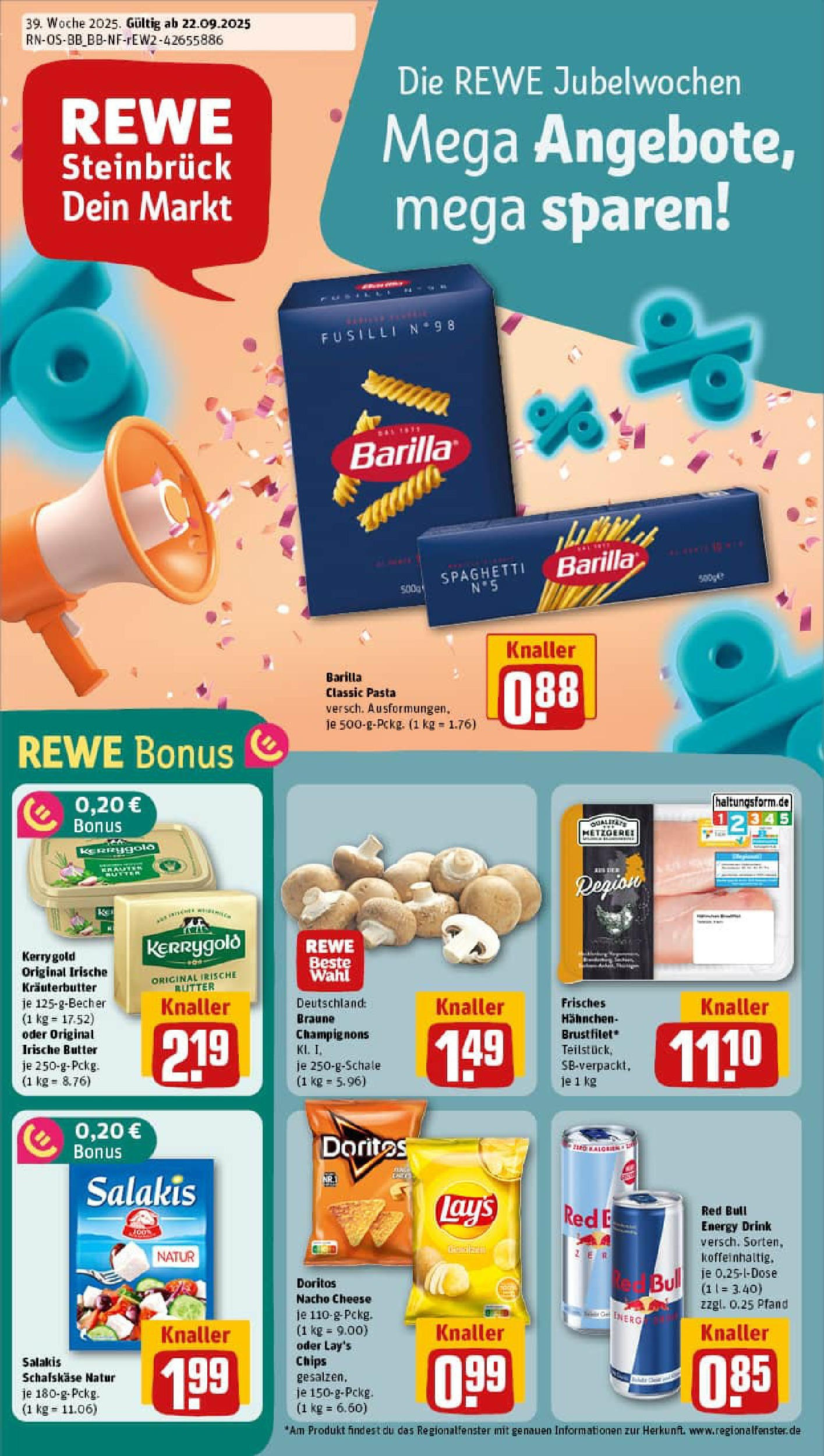 REWE Prospekt ab 21.09.2025 zum Blättern » Angebote | Seite: 1 | Produkte: Hahnchen, Salakis, Pasta, Schafskase