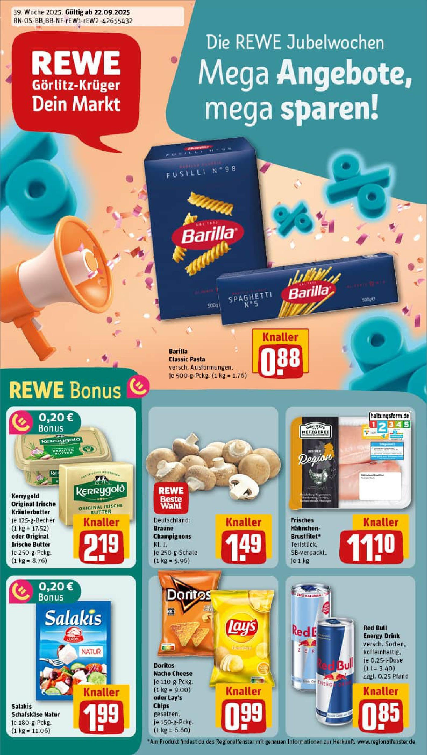 REWE Prospekt ab 21.09.2025 zum Blättern » Angebote | Seite: 1 | Produkte: Hahnchen, Champignons, Salakis, Schafskase