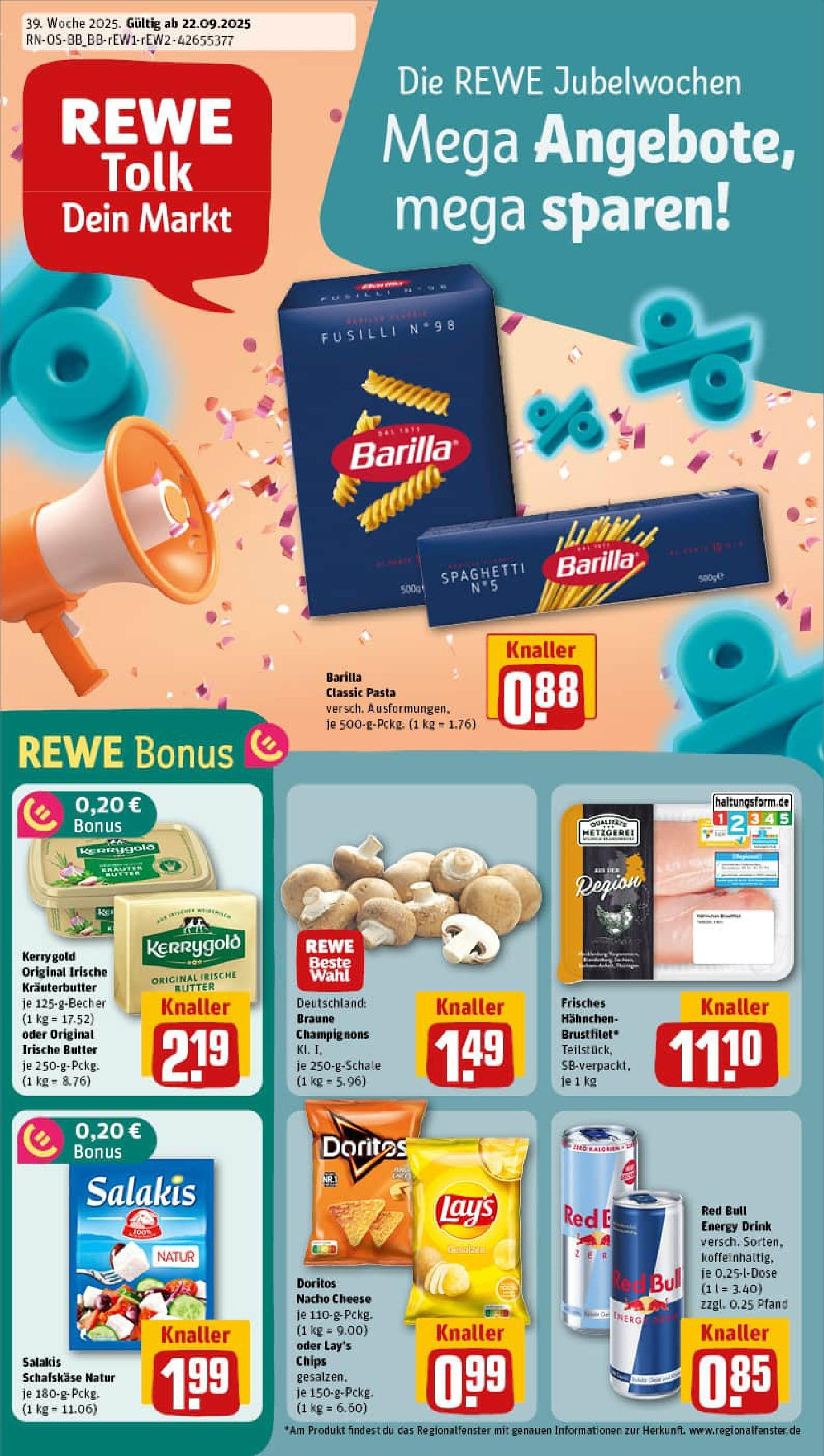 REWE Prospekt ab 21.09.2025 zum Blättern » Angebote | Seite: 1 | Produkte: Butter, Barilla, Kräuterbutter, Champignons