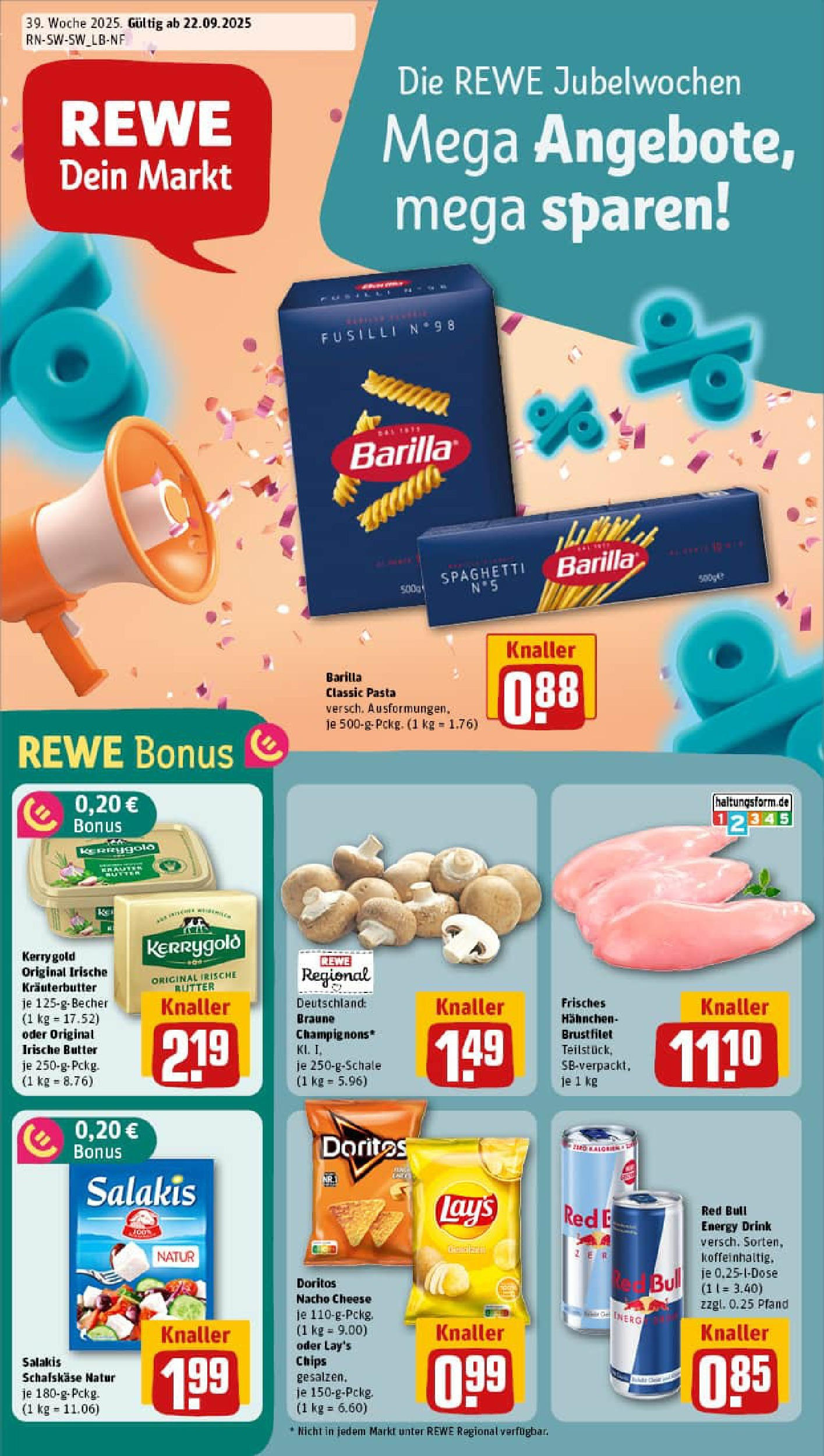 REWE Prospekt ab 21.09.2025 zum Blättern » Angebote | Seite: 1 | Produkte: Butter, Kräuterbutter, Champignons, Pasta