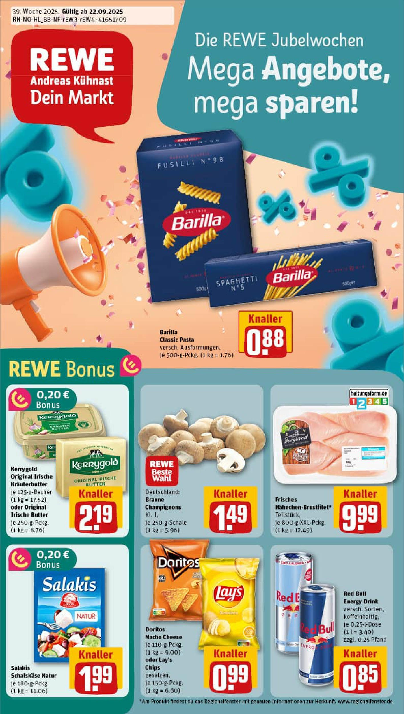 REWE Prospekt ab 21.09.2025 zum Blättern » Angebote | Seite: 1 | Produkte: Energy, Champignons, Salakis, Chips