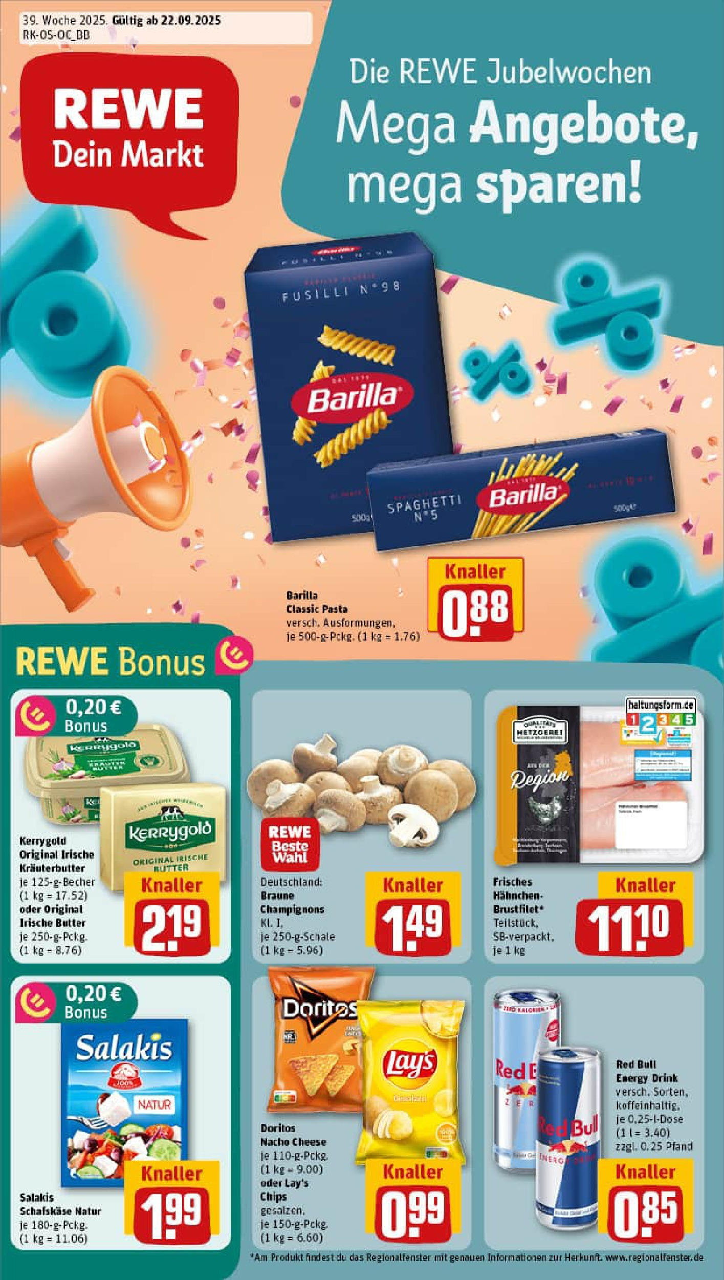 REWE Prospekt ab 21.09.2025 zum Blättern » Angebote | Seite: 1 | Produkte: Red bull, Champignons, Salakis, Chips