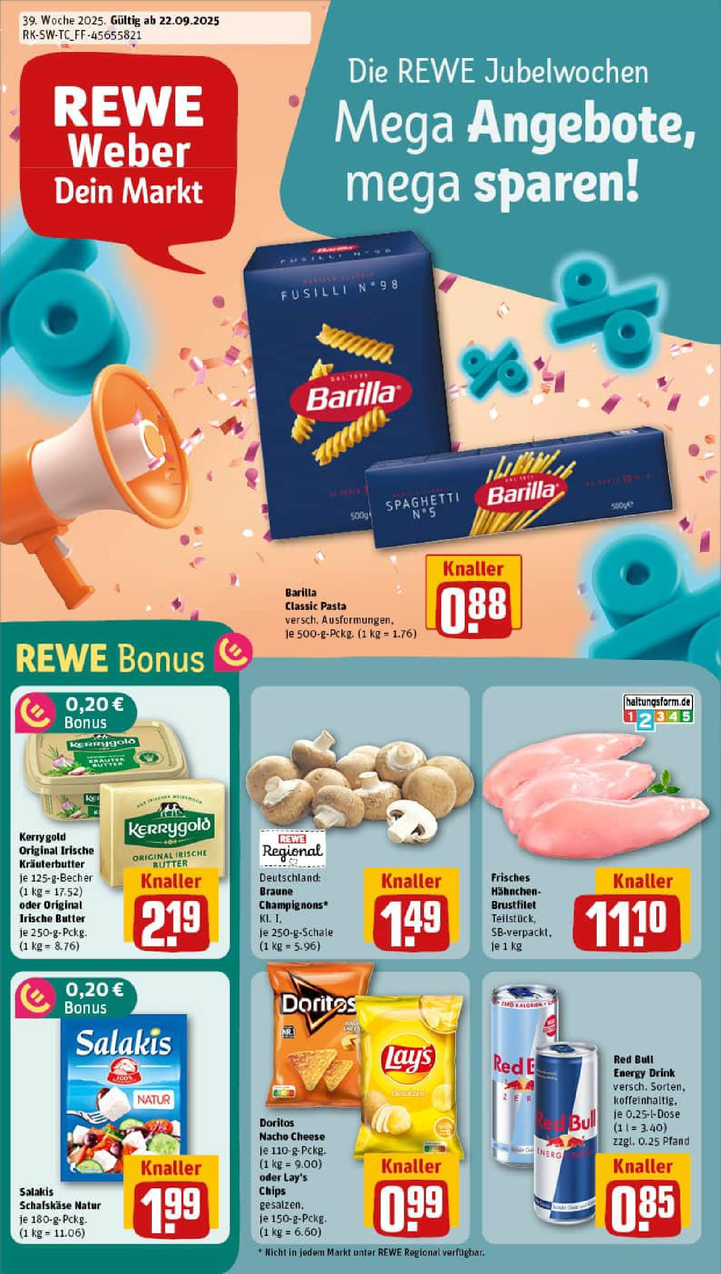 REWE Prospekt ab 21.09.2025 zum Blättern » Angebote | Seite: 1 | Produkte: Red bull, Barilla, Kräuterbutter, Salakis