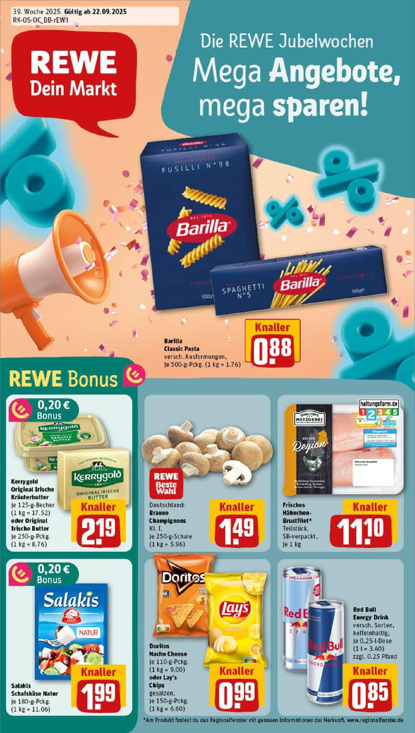 REWE Prospekt ab 21.09.2025 zum Blättern » Angebote | Seite: 1 | Produkte: Hahnchen, Champignons, Salakis, Pasta