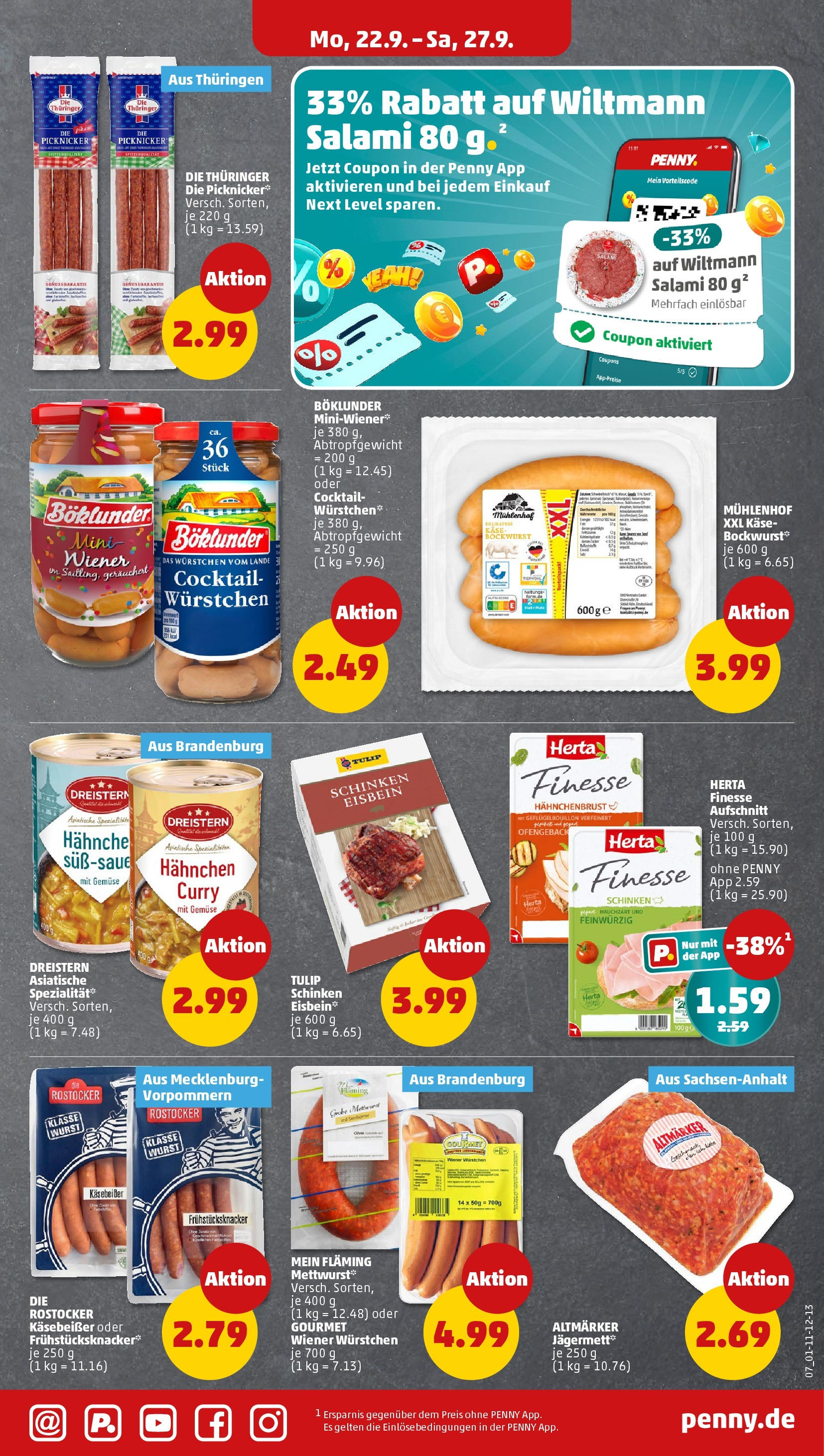 Penny Prospekt ab 22.09.2025 » Angebote Online | Seite: 7 | Produkte: Hahnchen, Gemüse, Wurst, Salami