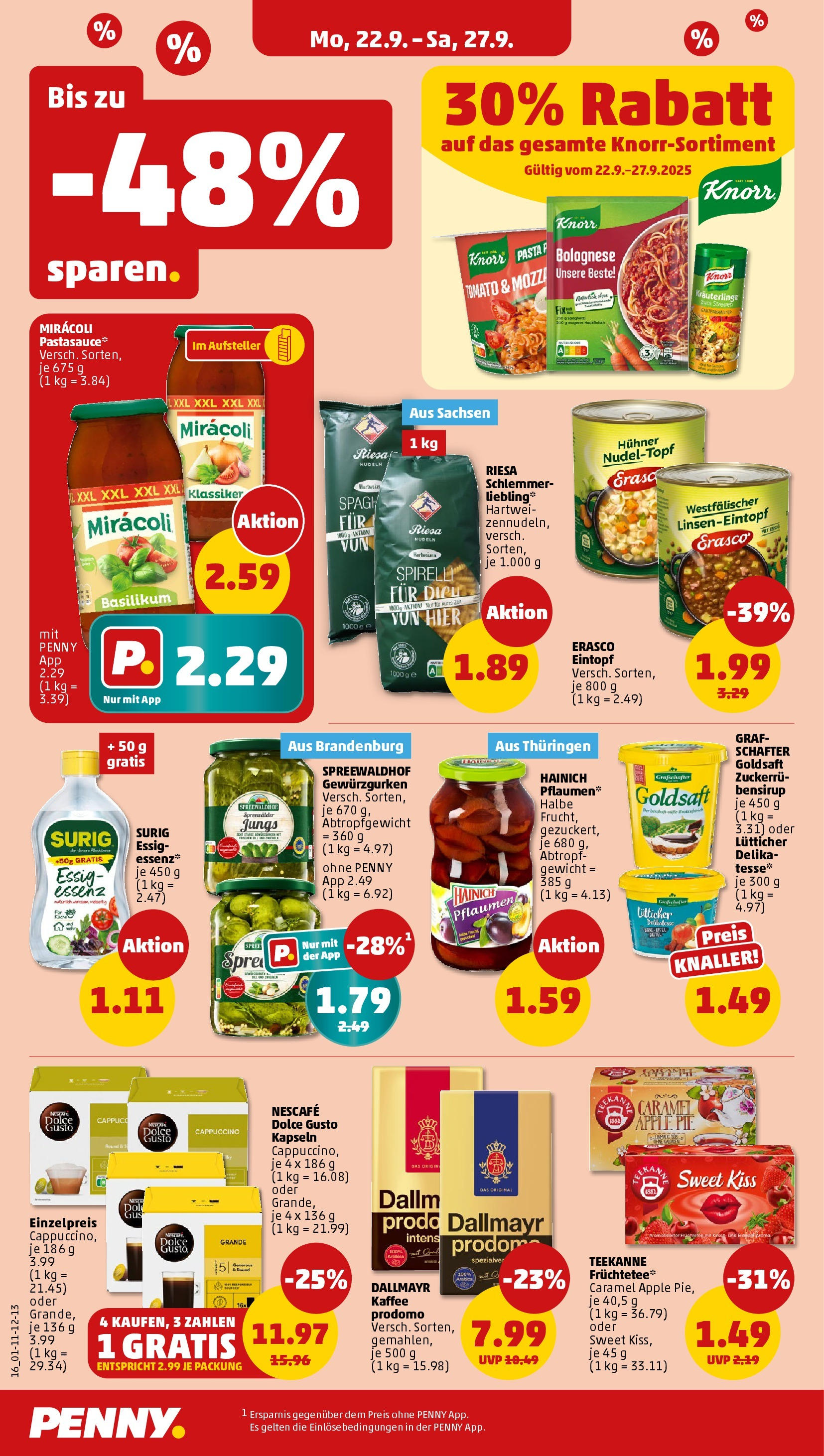 Penny Prospekt ab 22.09.2025 » Angebote Online | Seite: 16 | Produkte: Nescafe, Pflaumen, Essig, Knorr