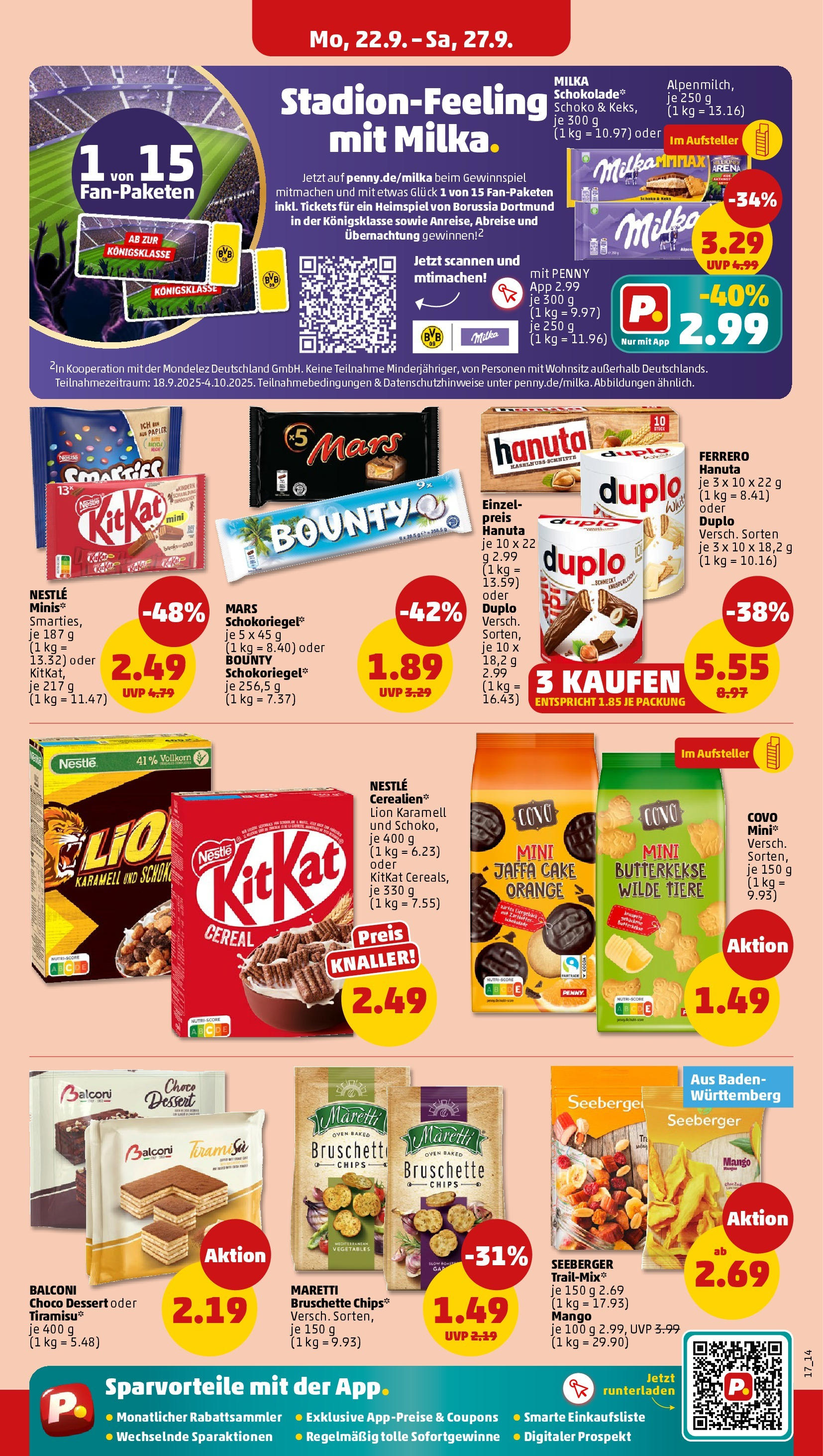 Penny Prospekt ab 22.09.2025 » Angebote Online | Seite: 17 | Produkte: Milka schokolade, Butterkekse, Mango, Chips