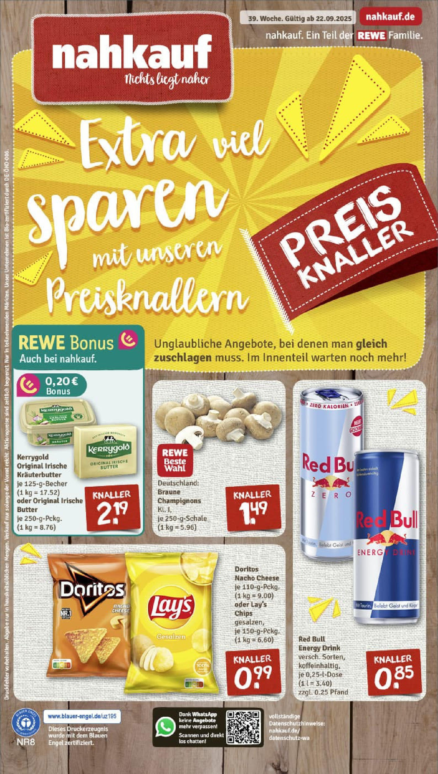 REWE Prospekt ab 21.09.2025 zum Blättern » Angebote | Seite: 1 | Produkte: Red bull, Energy, Butter, Champignons
