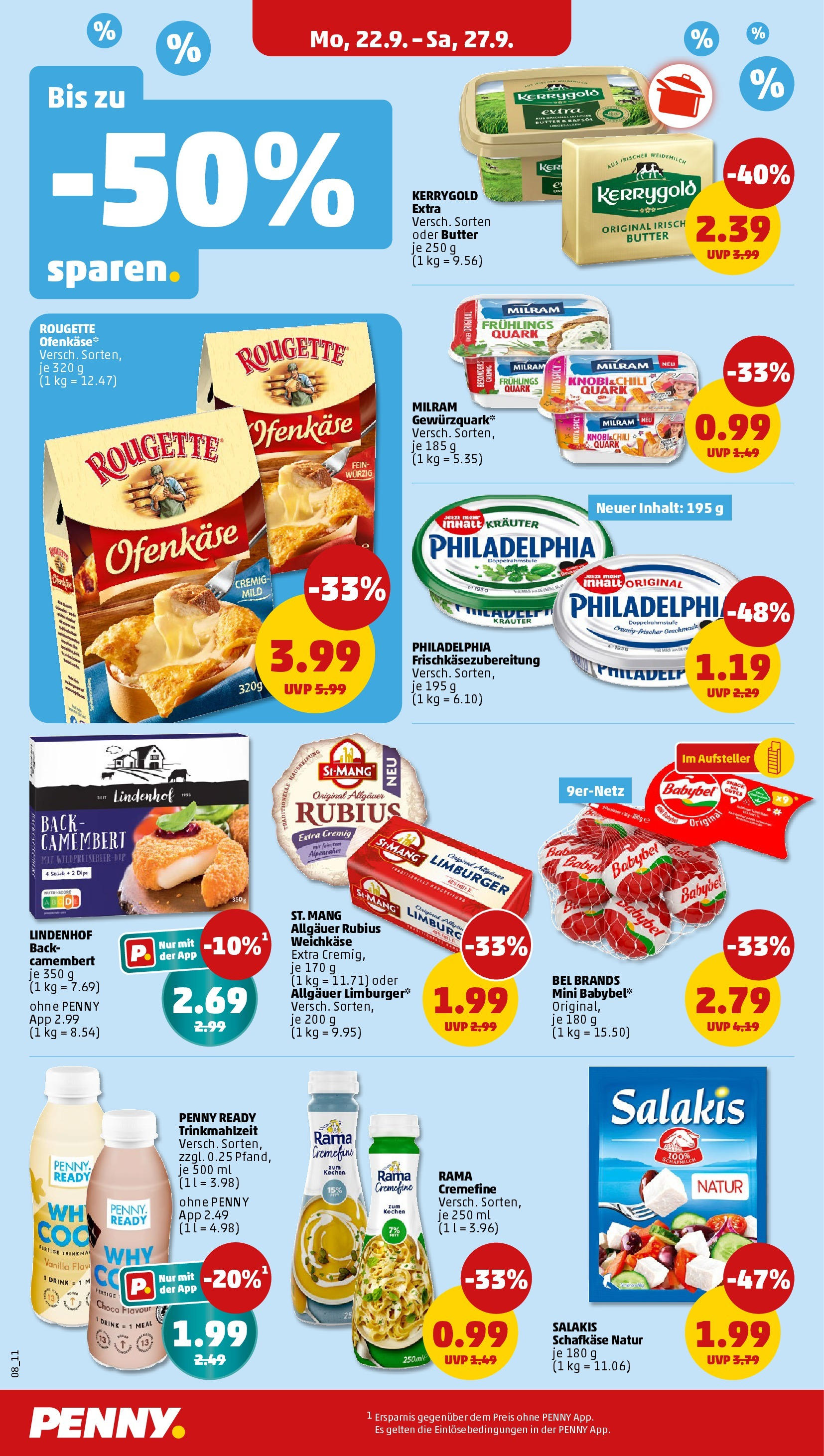 Penny Prospekt ab 22.09.2025 » Angebote Online | Seite: 8 | Produkte: Quark, Rougette ofenkase, Salakis, Babybel