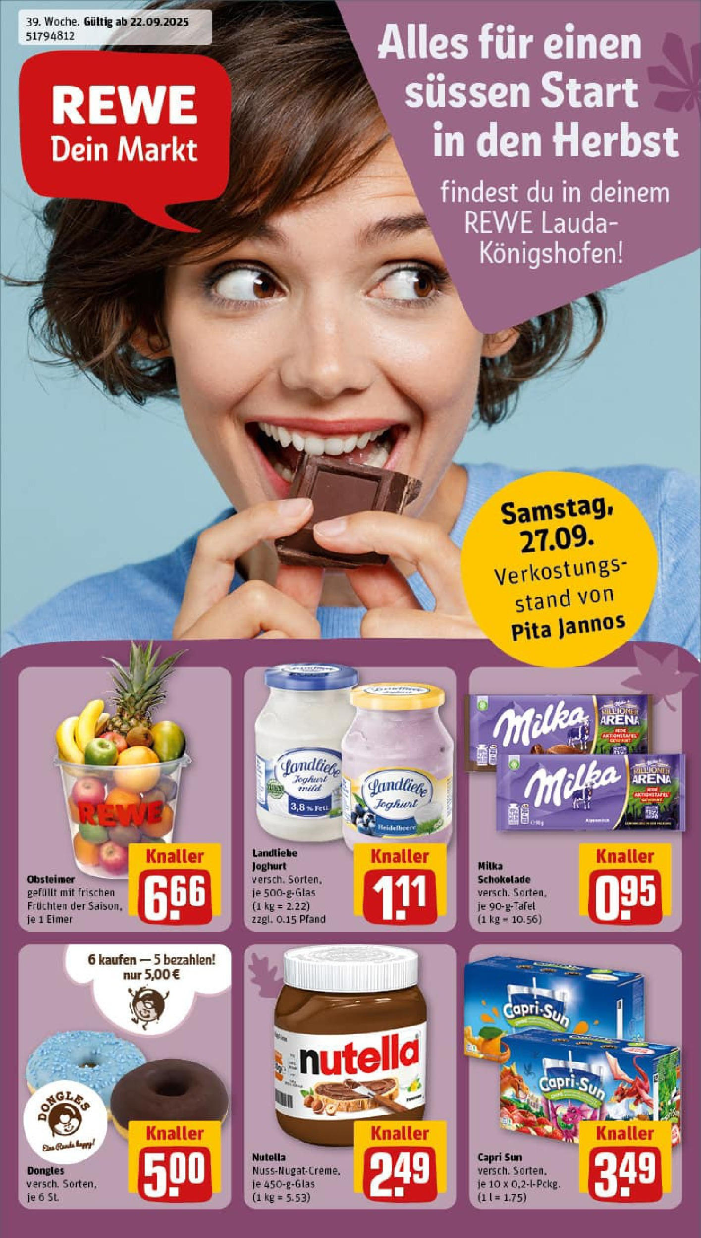 REWE Prospekt ab 21.09.2025 zum Blättern » Angebote | Seite: 1 | Produkte: Joghurt, Milka schokolade, Nutella, Landliebe joghurt