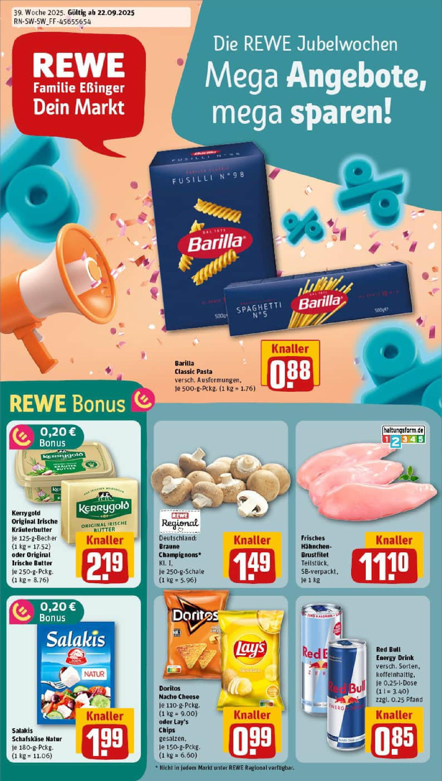 REWE Prospekt ab 21.09.2025 zum Blättern » Angebote | Seite: 1 | Produkte: Hahnchen, Energy, Butter, Barilla