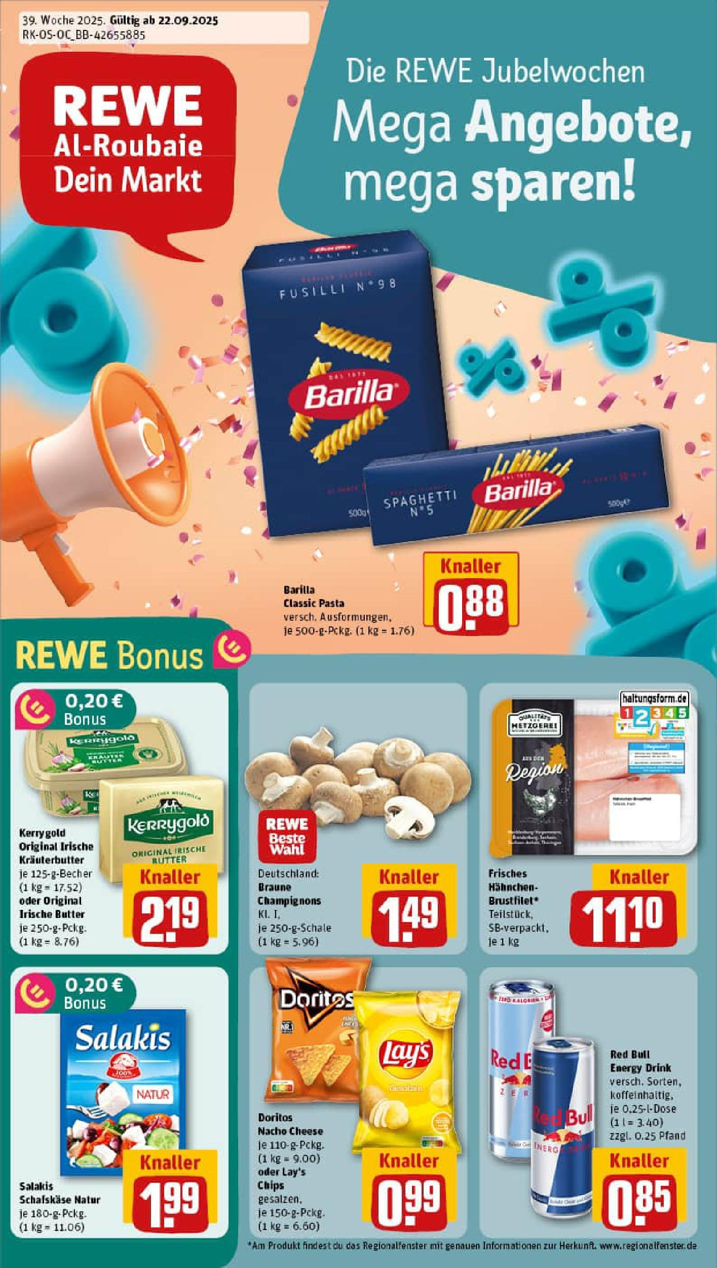 REWE Prospekt ab 21.09.2025 zum Blättern » Angebote | Seite: 1 | Produkte: Hahnchen, Butter, Champignons, Chips