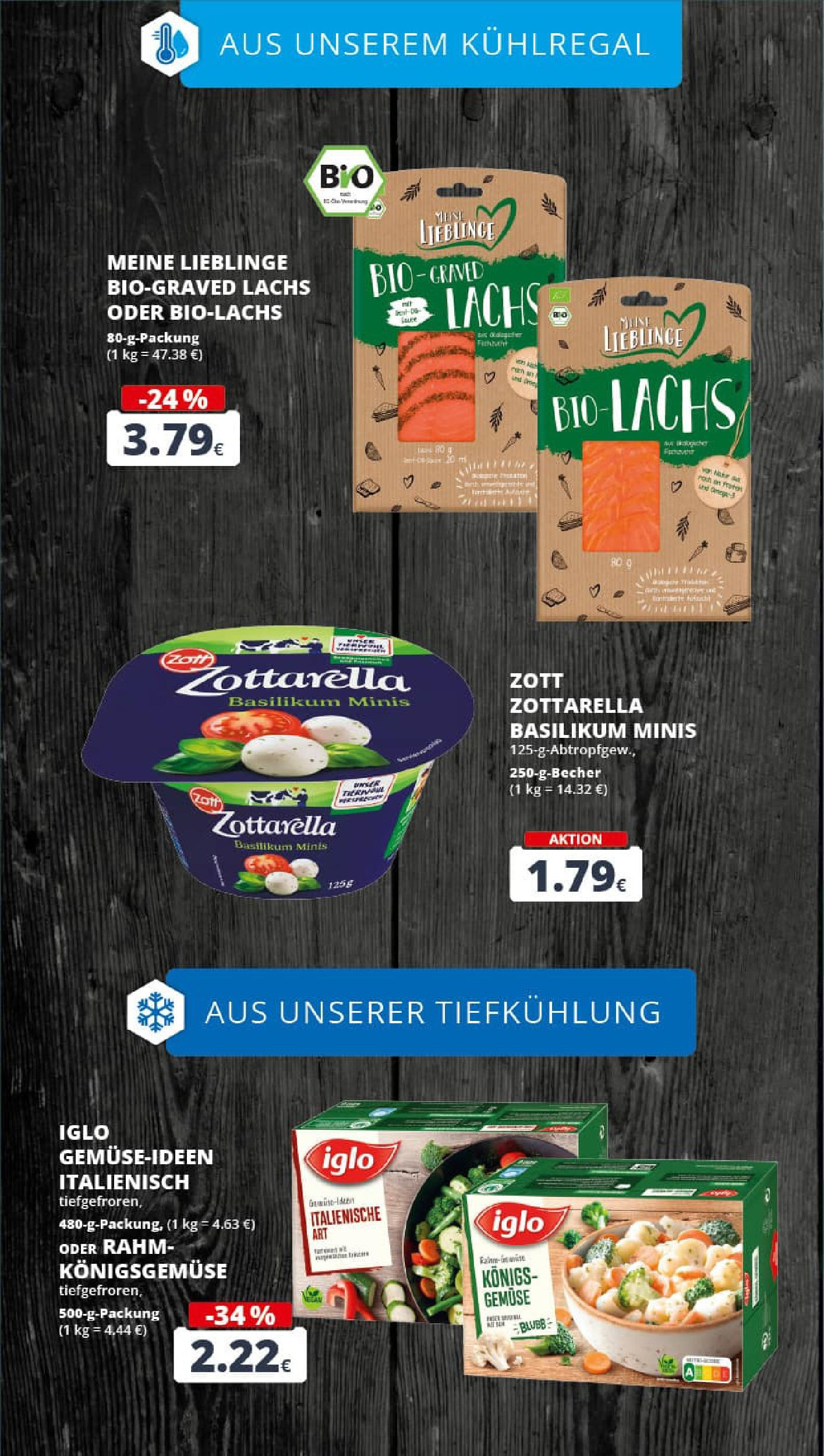 REWE Prospekt ab 21.09.2025 zum Blättern » Angebote | Seite: 18 | Produkte: Mozzarella, Iglo, Lachs, Gemüse