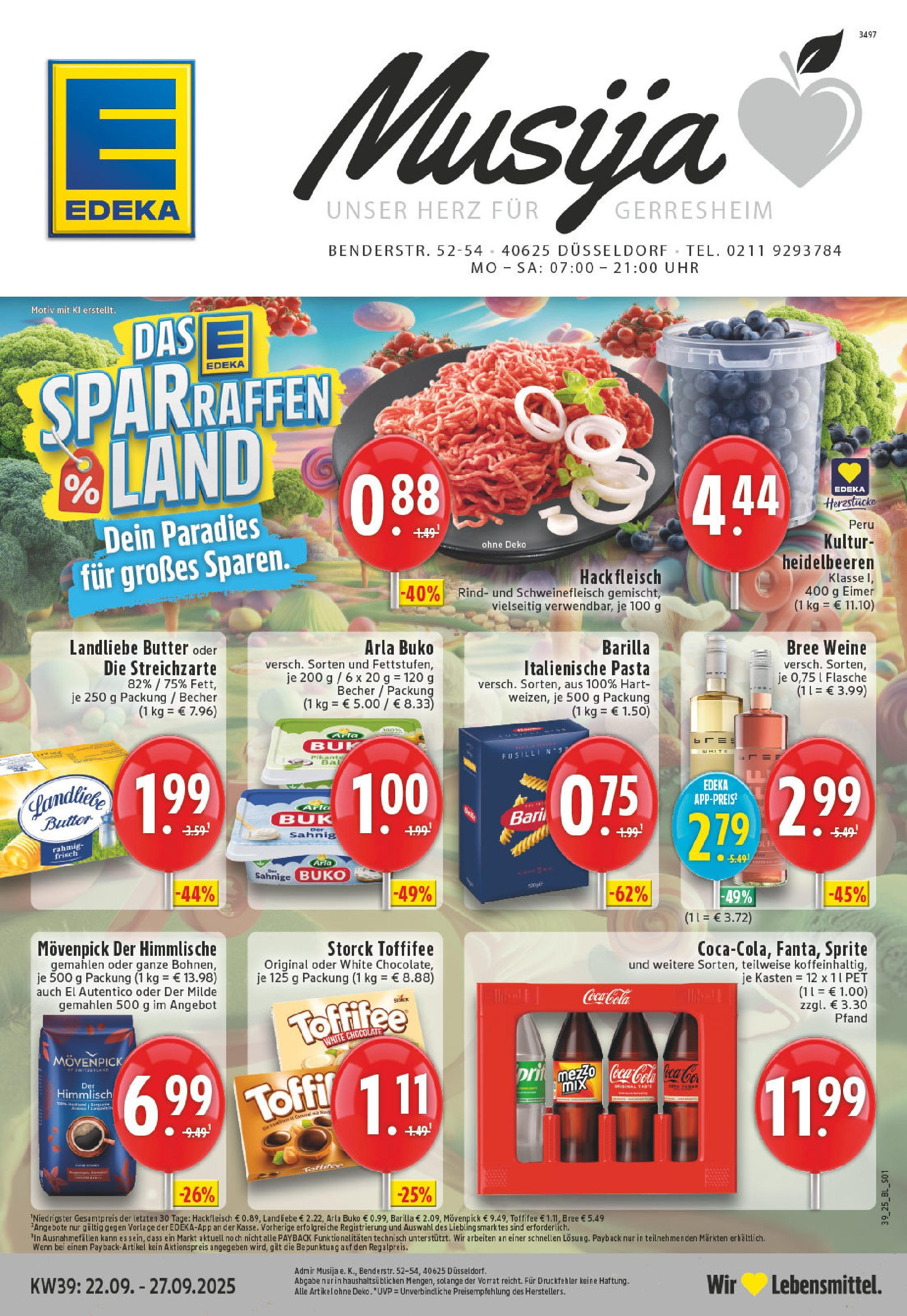 Edeka prospekt Düssseldorf	 (ab 21.09.2025) » Angebote Online | Seite: 1 | Produkte: Sprite, Cola, Butter, Landliebe butter