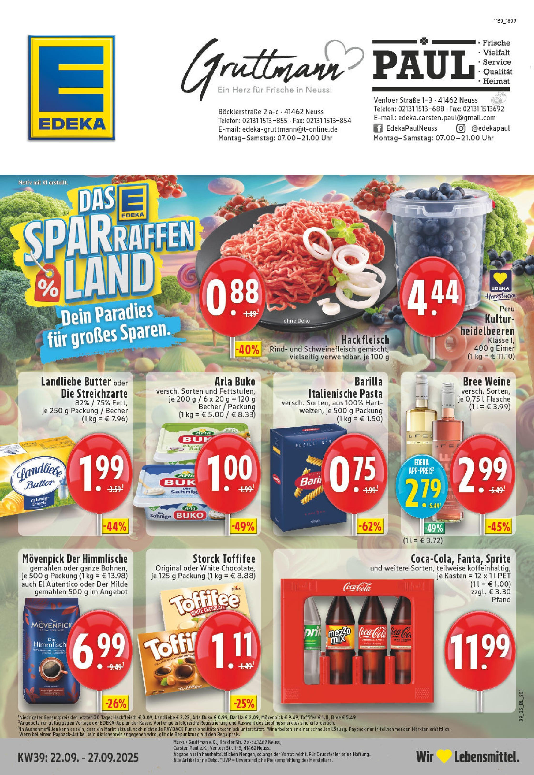 Edeka prospekt Neuss	 (ab 21.09.2025) » Angebote Online | Seite: 1 | Produkte: Coca cola, Heidelbeeren, Arla buko, Fleisch
