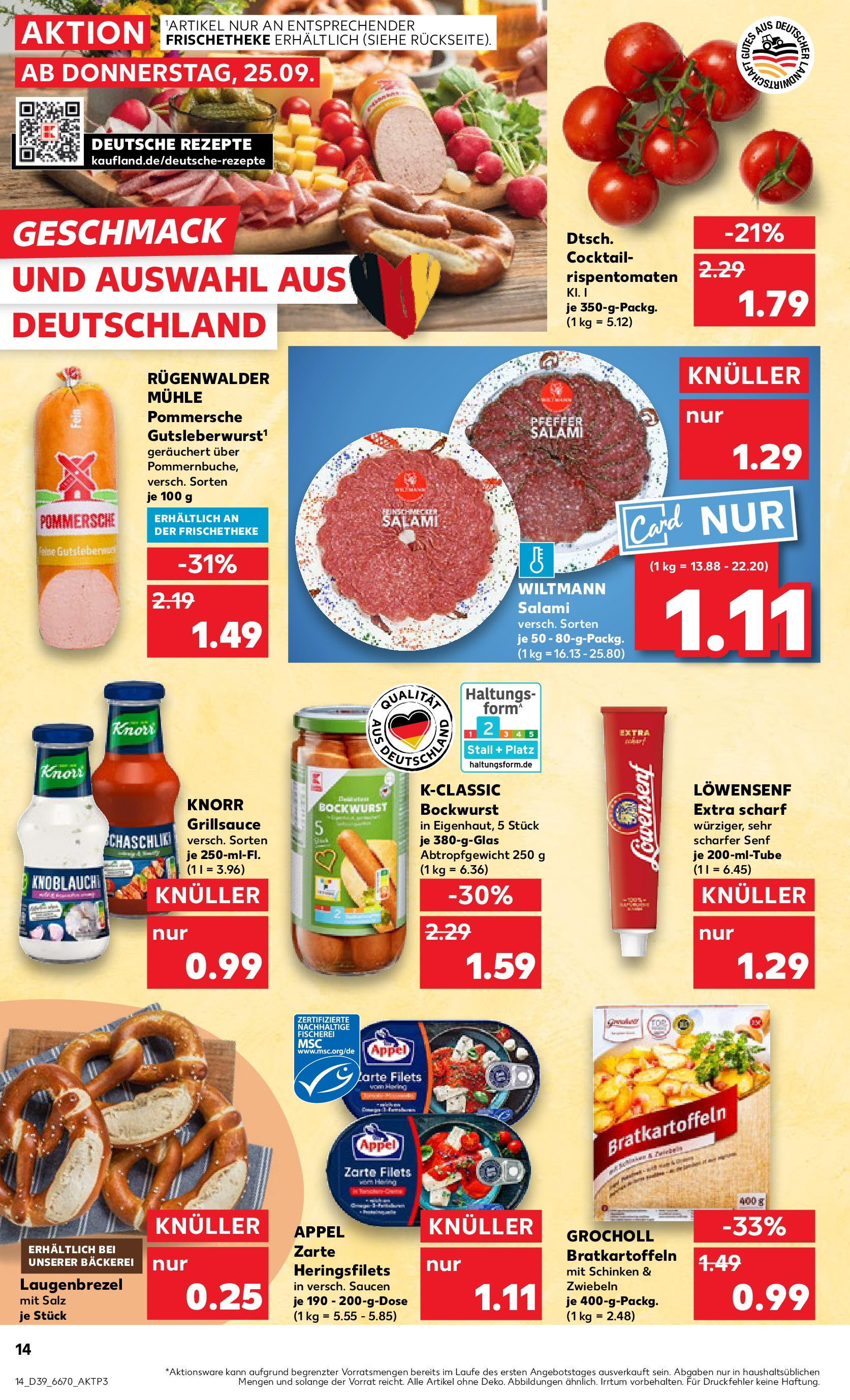 Prospekt Kaufland ab 24.09.2025 » Angebote Online zum Blättern | Seite: 14 | Produkte: Bockwurst, Zwiebeln, Salami, Schinken
