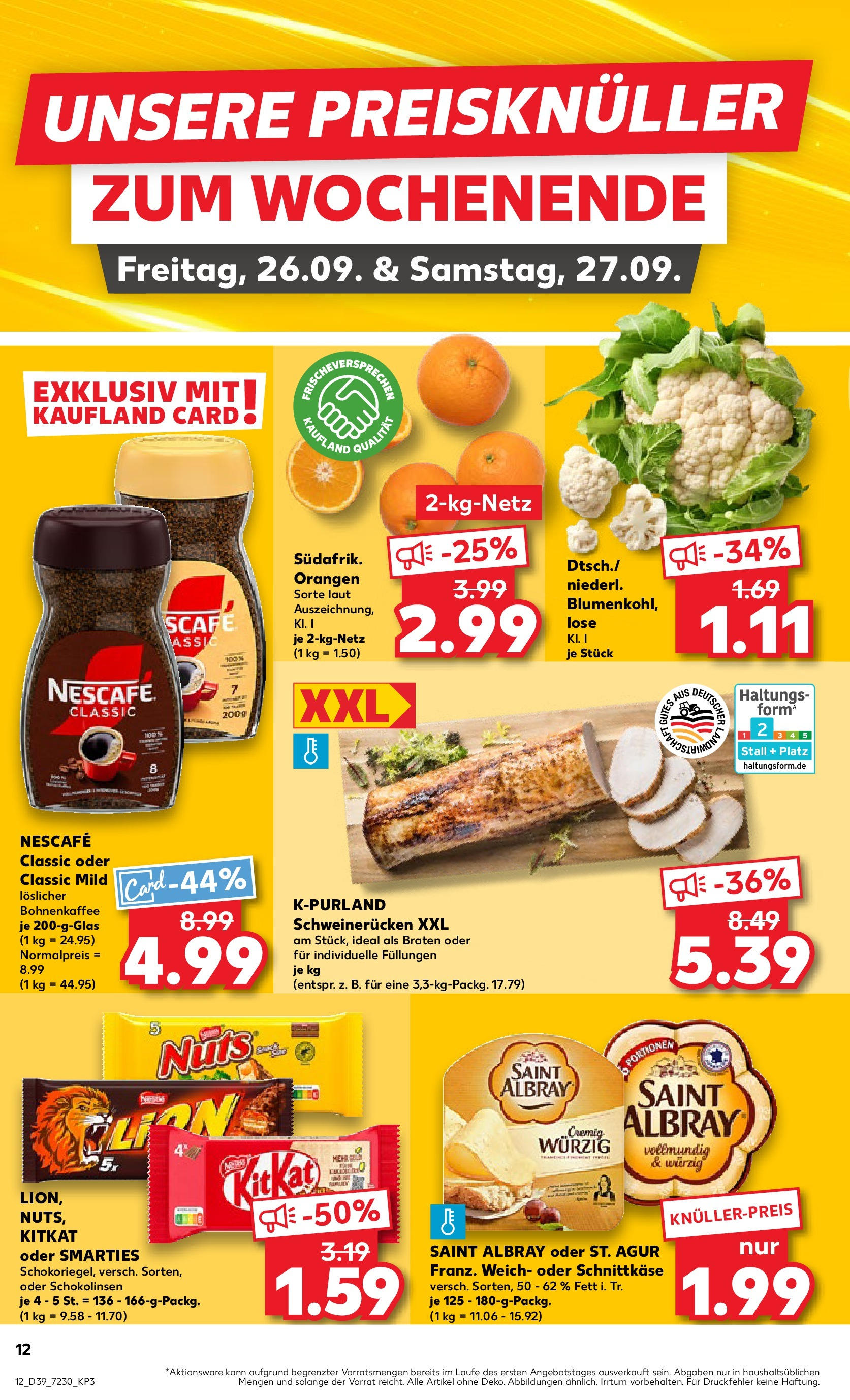 Prospekt Kaufland ab 24.09.2025 » Angebote Online zum Blättern | Seite: 12 | Produkte: Smarties, Nescafe classic, Schweinerucken, Blumenkohl