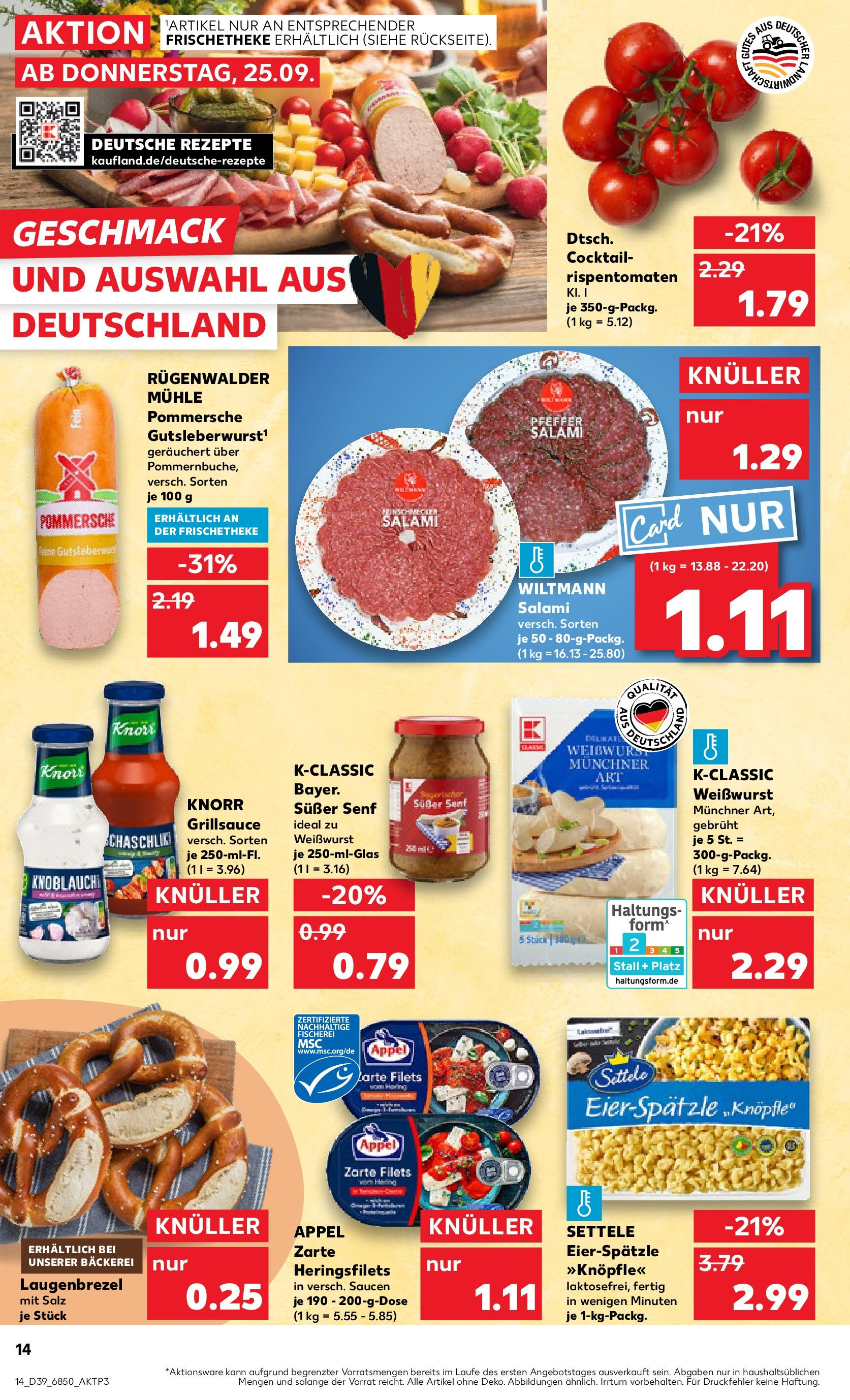 Prospekt Kaufland ab 24.09.2025 » Angebote Online zum Blättern | Seite: 14 | Produkte: Mühle, Theke, Weißwurst, Knorr