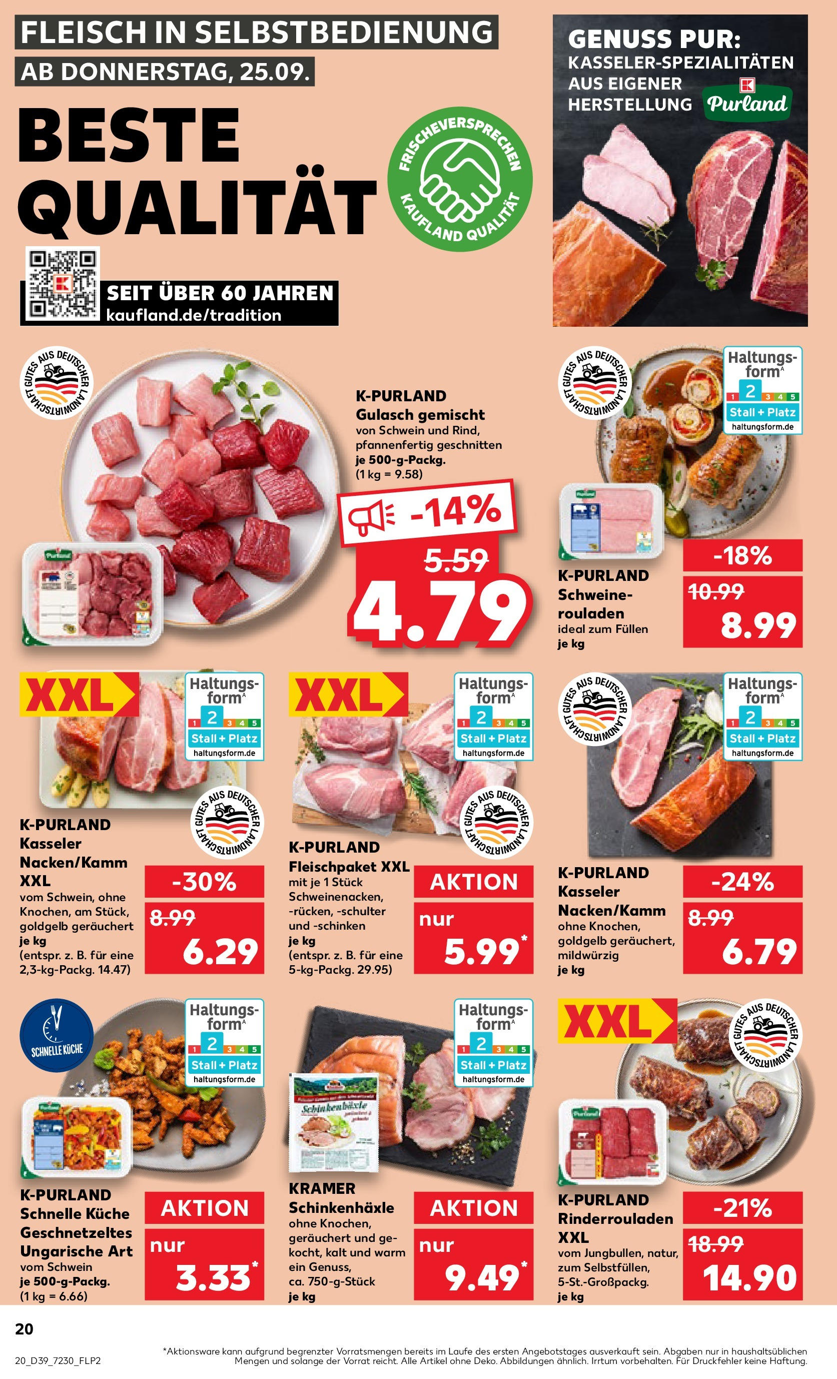 Prospekt Kaufland ab 24.09.2025 » Angebote Online zum Blättern | Seite: 20 | Produkte: Rinderrouladen, Küche, Gulasch, Schinken