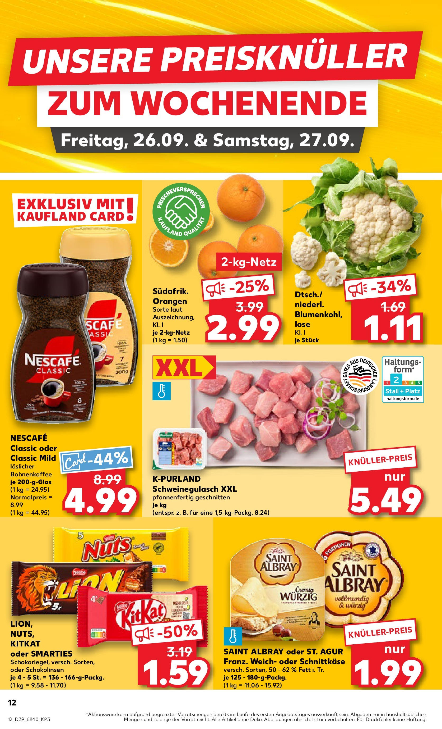 Prospekt Kaufland ab 24.09.2025 » Angebote Online zum Blättern | Seite: 12 | Produkte: Nescafe, Smarties, Orangen, Blumenkohl