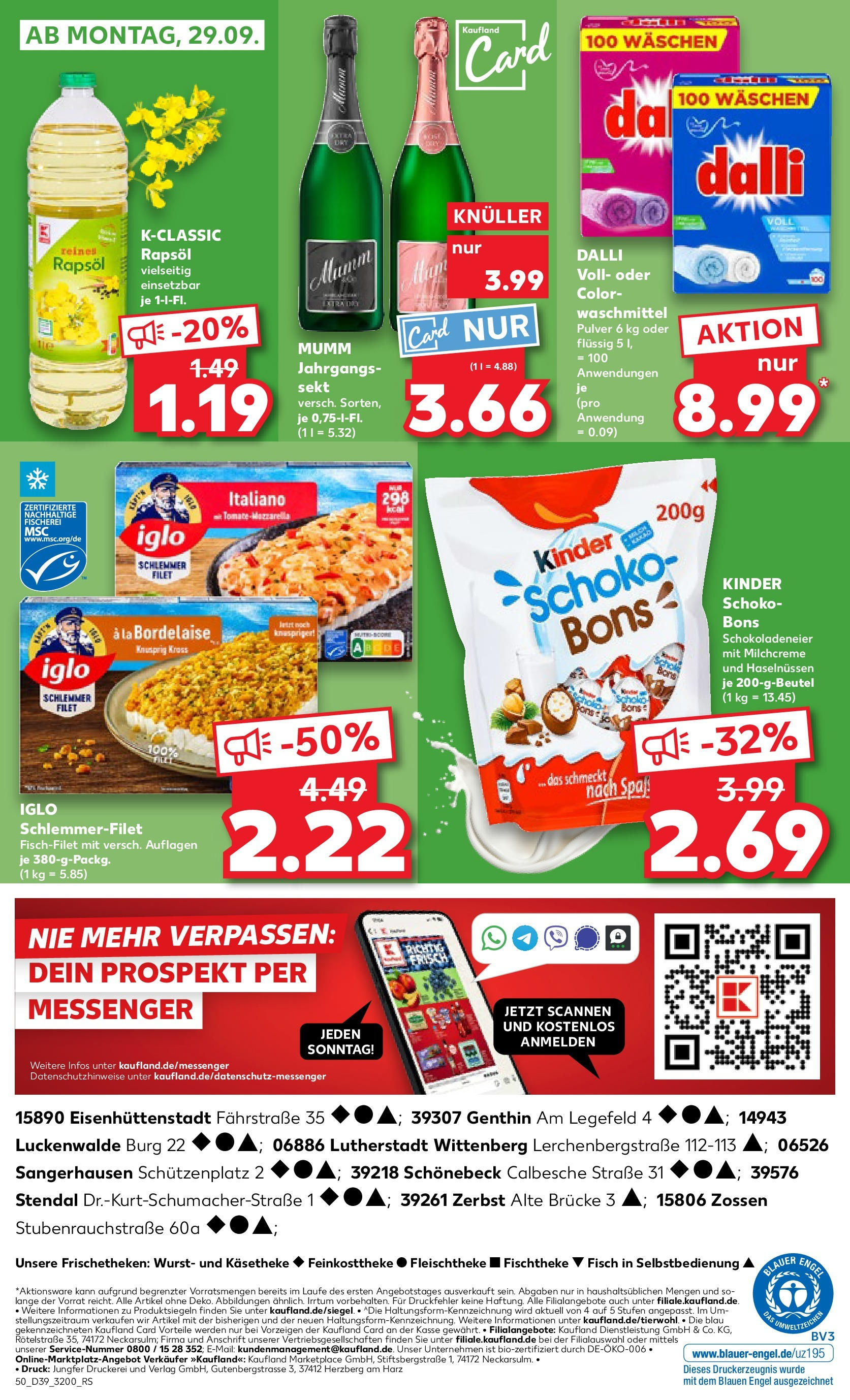 Prospekt Kaufland ab 25.09.2025 » Angebote Online zum Blättern | Seite: 50 | Produkte: Rapsöl, Sekt, Iglo, Wurst