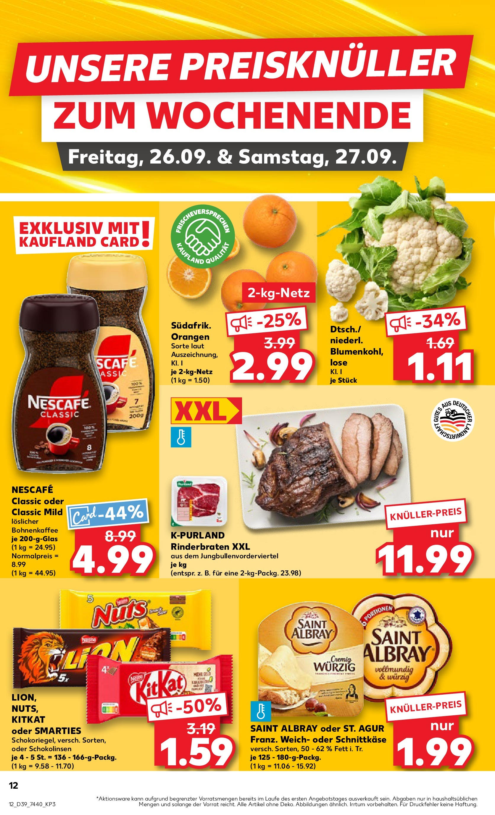 Prospekt Kaufland ab 24.09.2025 » Angebote Online zum Blättern | Seite: 12 | Produkte: Rinderbraten, Smarties, Orangen, Blumenkohl