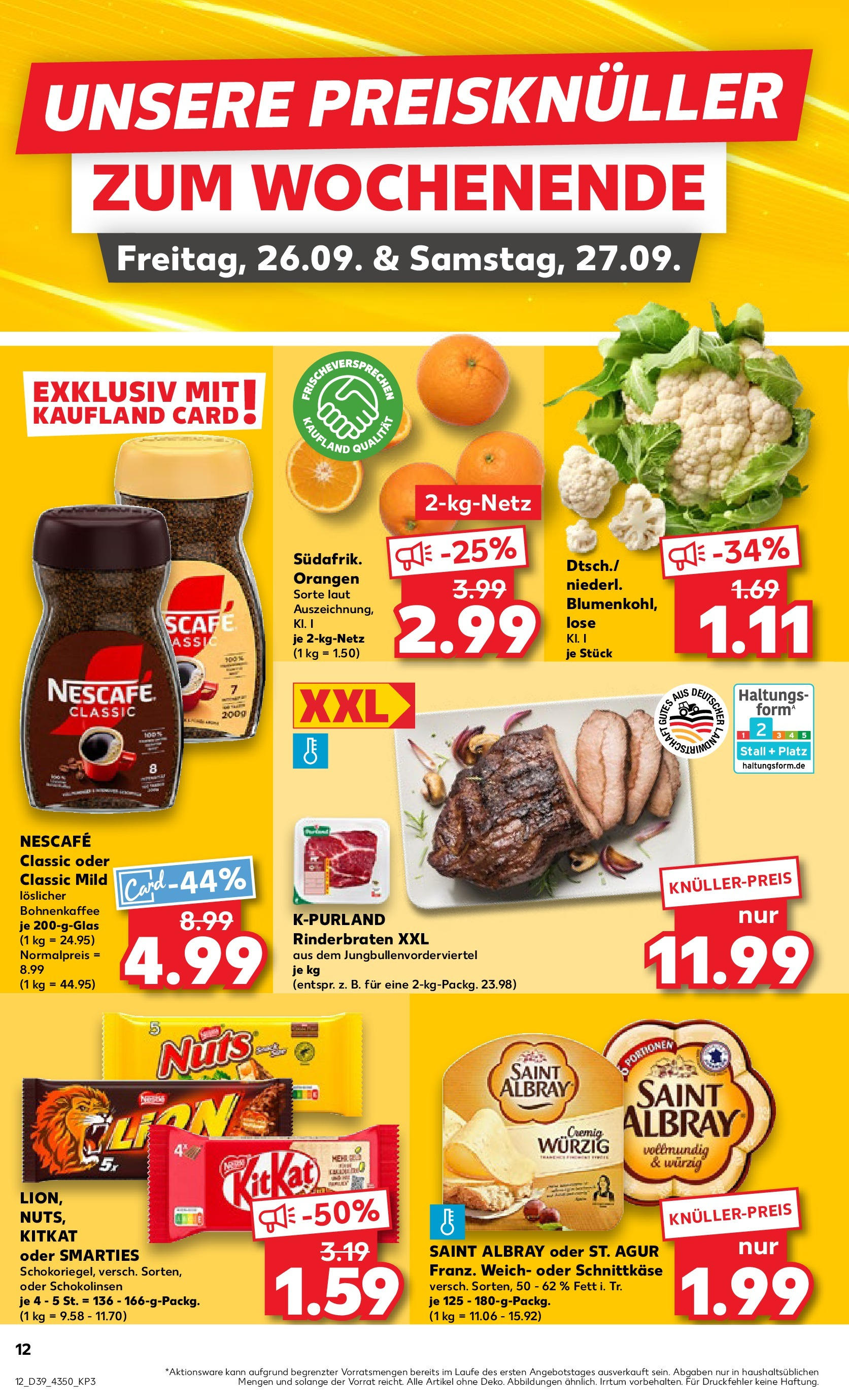 Prospekt Kaufland ab 25.09.2025 » Angebote Online zum Blättern | Seite: 12 | Produkte: Rinderbraten, Orangen, Nescafe classic, Blumenkohl