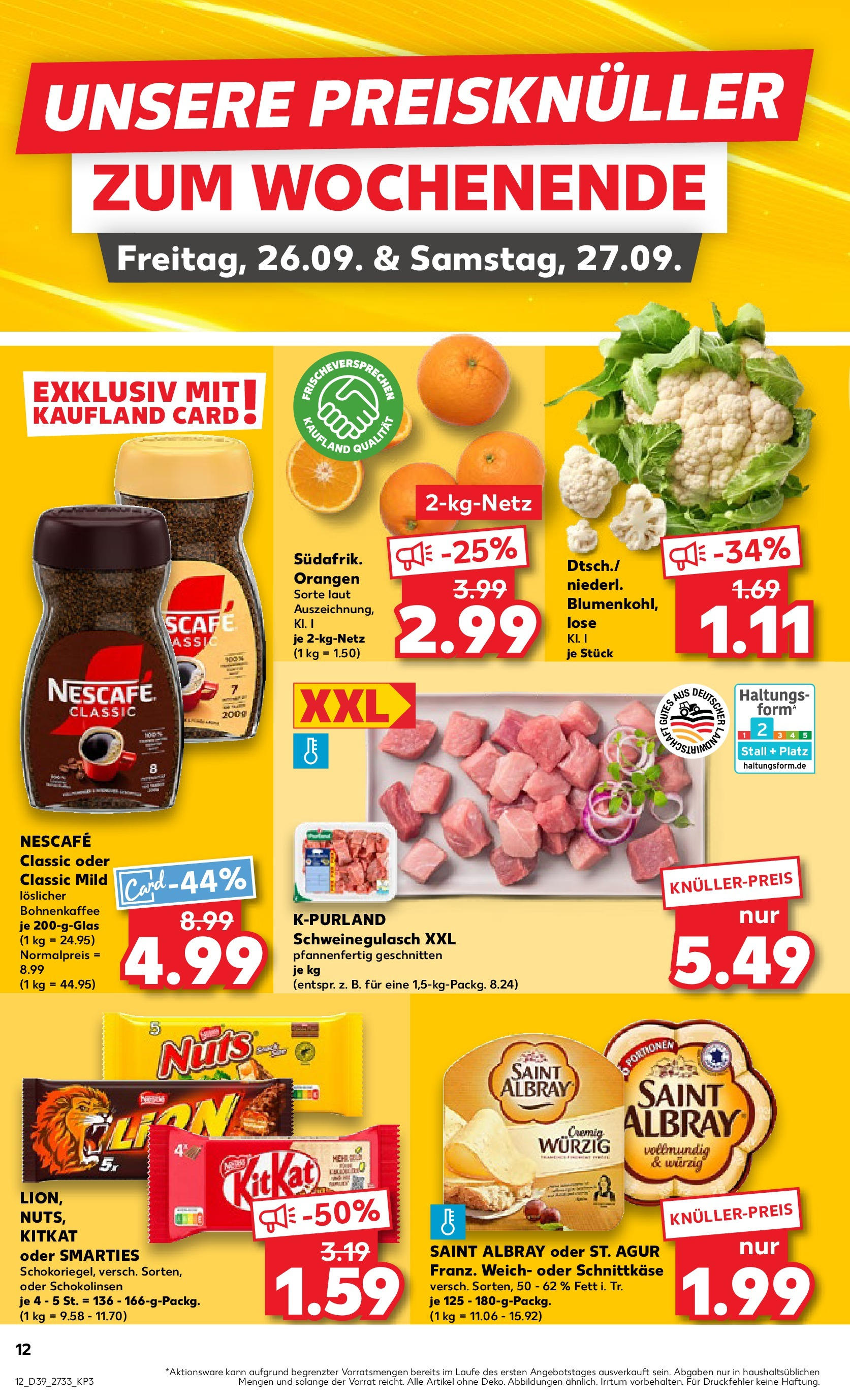 Prospekt Kaufland ab 25.09.2025 » Angebote Online zum Blättern | Seite: 12 | Produkte: Schweinegulasch, Nescafe, Orangen, Nescafe classic