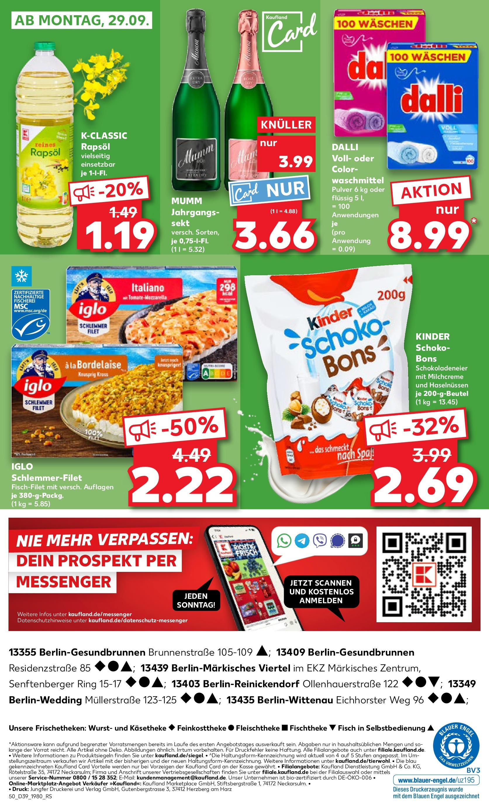 Prospekt Kaufland ab 25.09.2025 » Angebote Online zum Blättern | Seite: 50 | Produkte: Rapsöl, Sekt, Wurst, Iglo schlemmerfilet