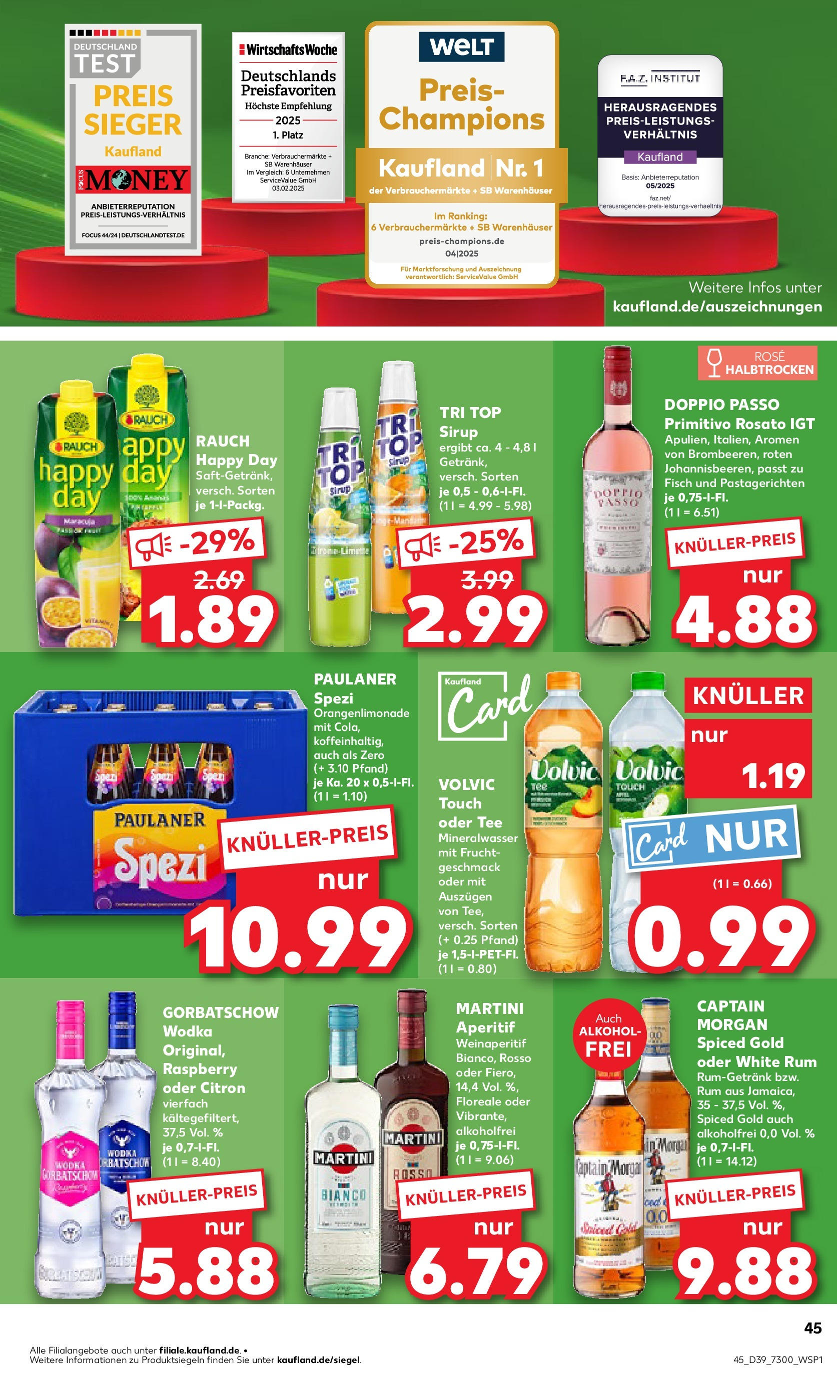 Prospekt Kaufland ab 25.09.2025 » Angebote Online zum Blättern | Seite: 45 | Produkte: Doppio passo primitivo, Sirup, Mineralwasser, Vodka