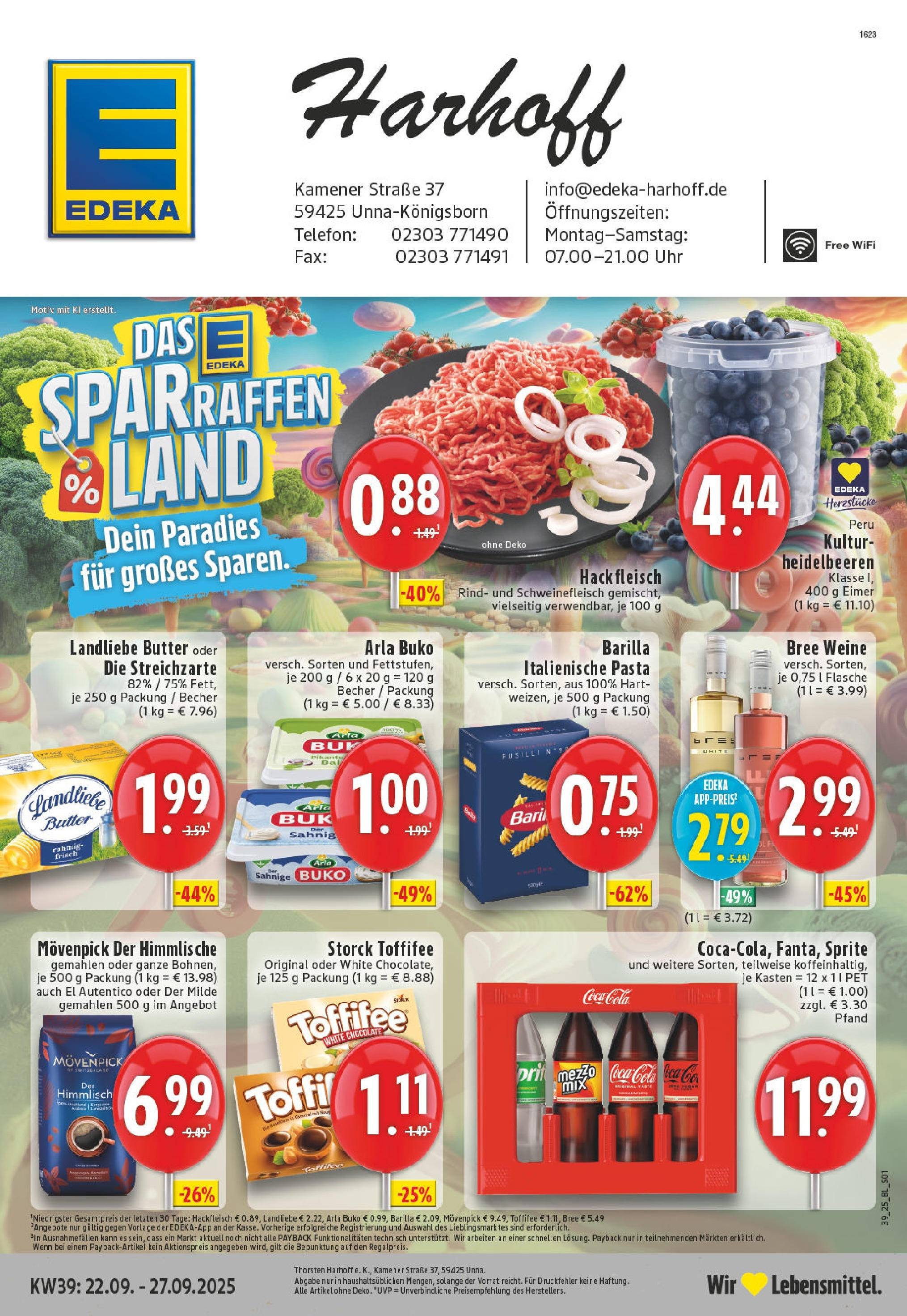 Edeka prospekt Unna	 (ab 21.09.2025) » Angebote Online | Seite: 1 | Produkte: Butter, Barilla, Bree, Heidelbeeren