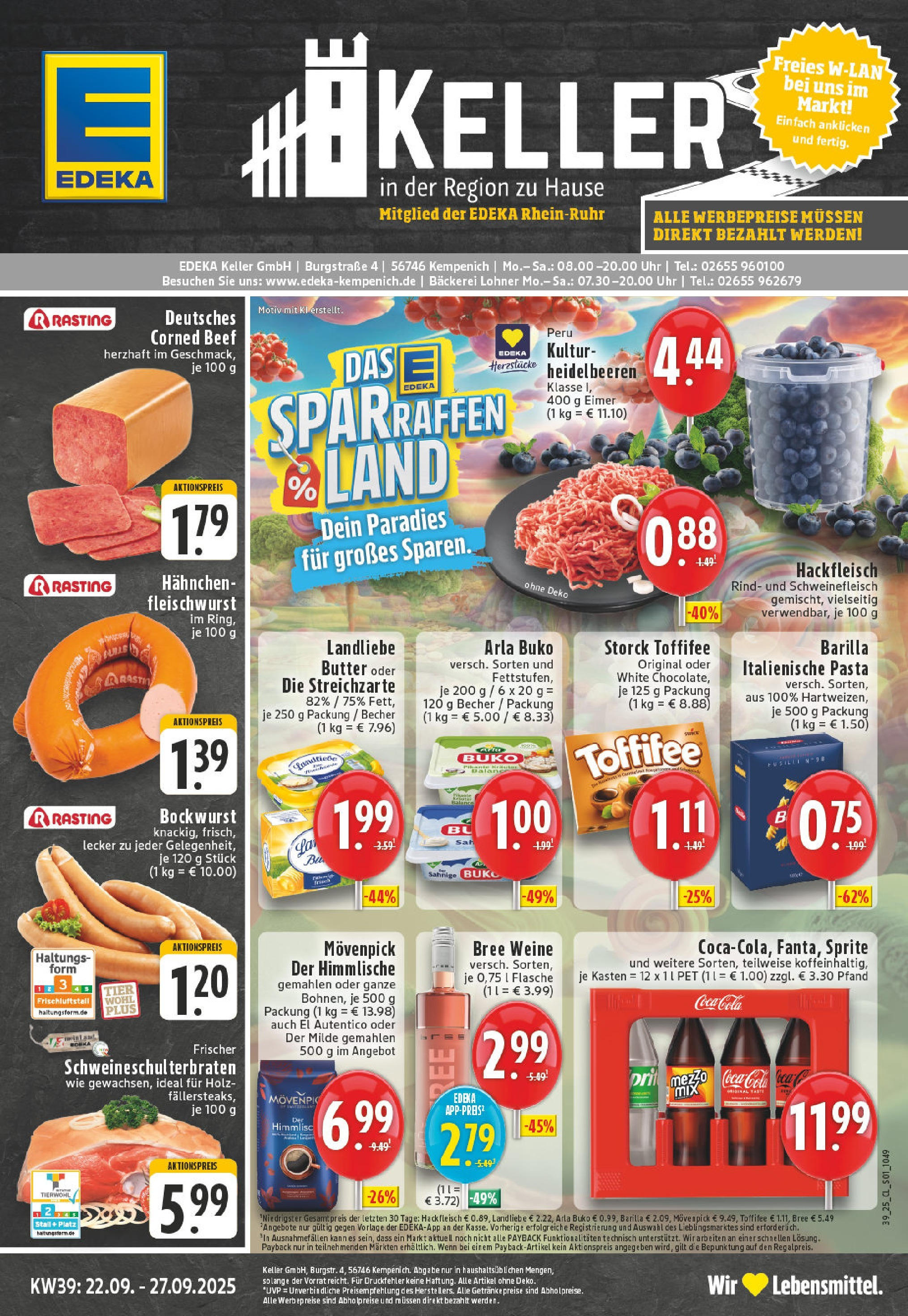 Edeka prospekt Kempenich	 (ab 21.09.2025) » Angebote Online | Seite: 1 | Produkte: Coca cola, Butter, Schweinefleisch, Uhr