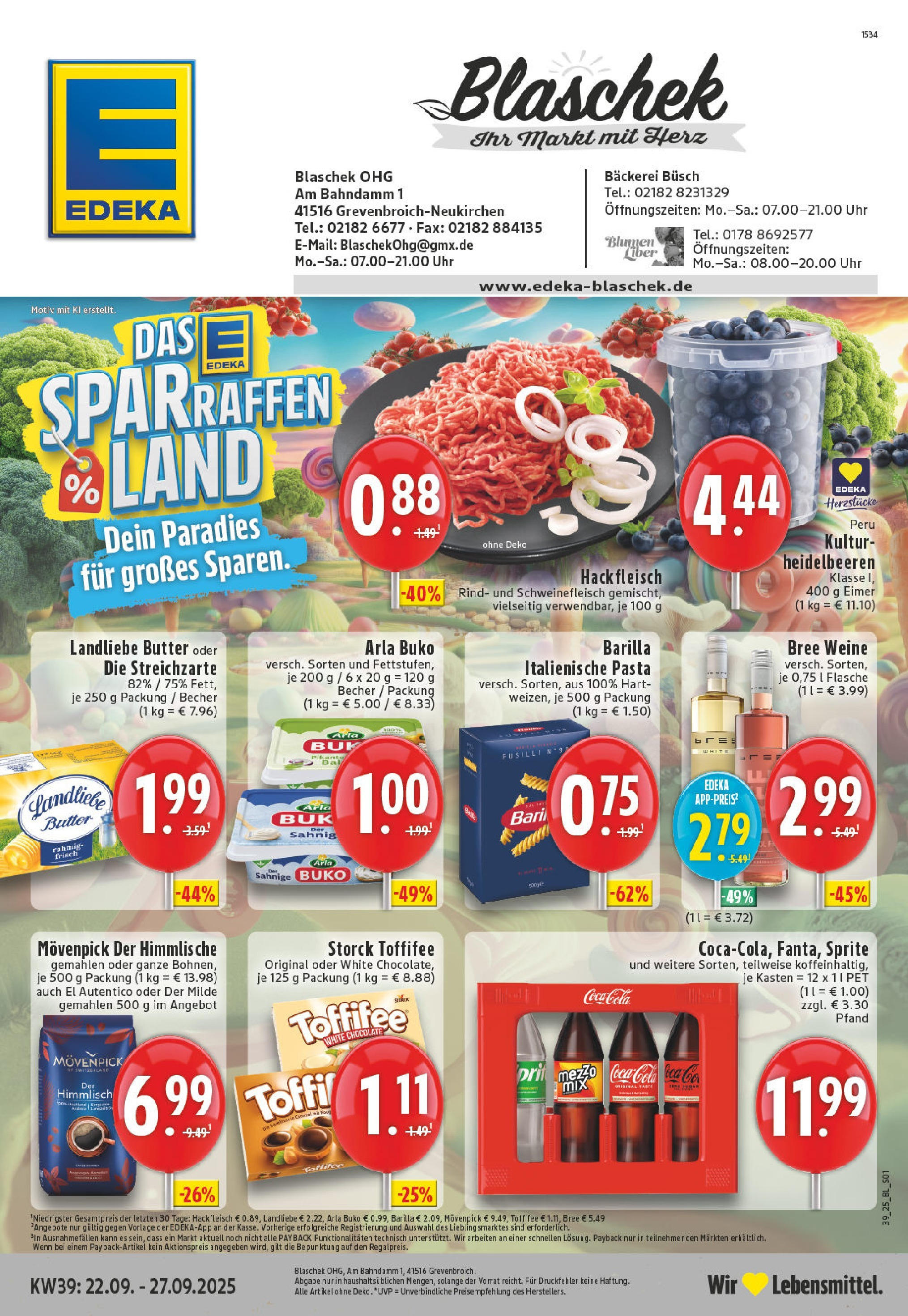 Edeka prospekt Grevenbroich	 (ab 21.09.2025) » Angebote Online | Seite: 1 | Produkte: Bäckerei, Blumen, Arla buko, Fleisch