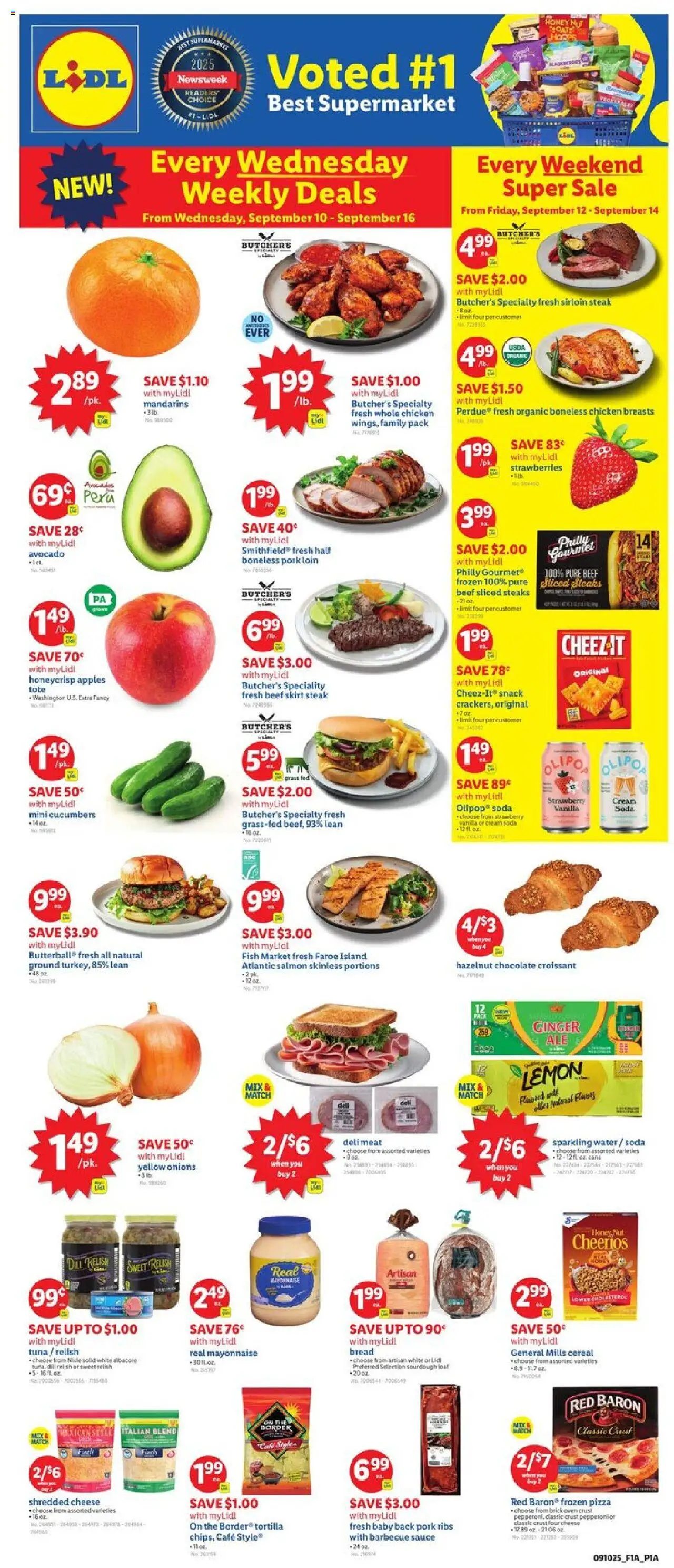 Lidl Weekly Ad from 09/10/2025 - Circular, Weekly flyer - Page number 1 - Pizza, Water, Steak, Honey, Avocado, Salmon, Chicken breasts, Whole chicken